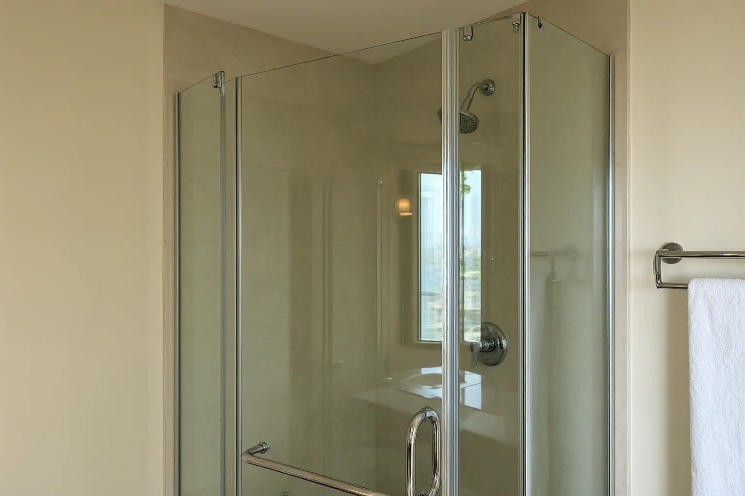 Clear frameless glass shower enclosure in a modern hotel bathroom with soft daylight