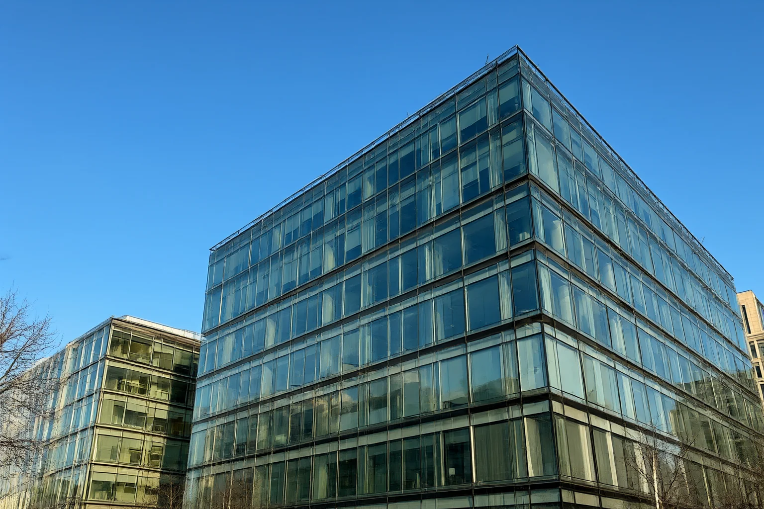 Modern glass curtain wall office facade in bright sunshine on an African commercial street
