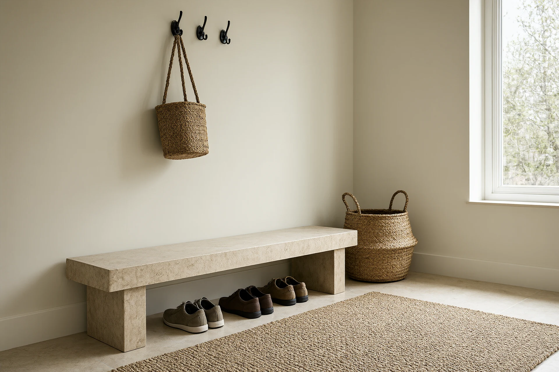 Home interior design entry drop zone with honed stone bench, ventilated shoe storage and a washable runner in warm daylight