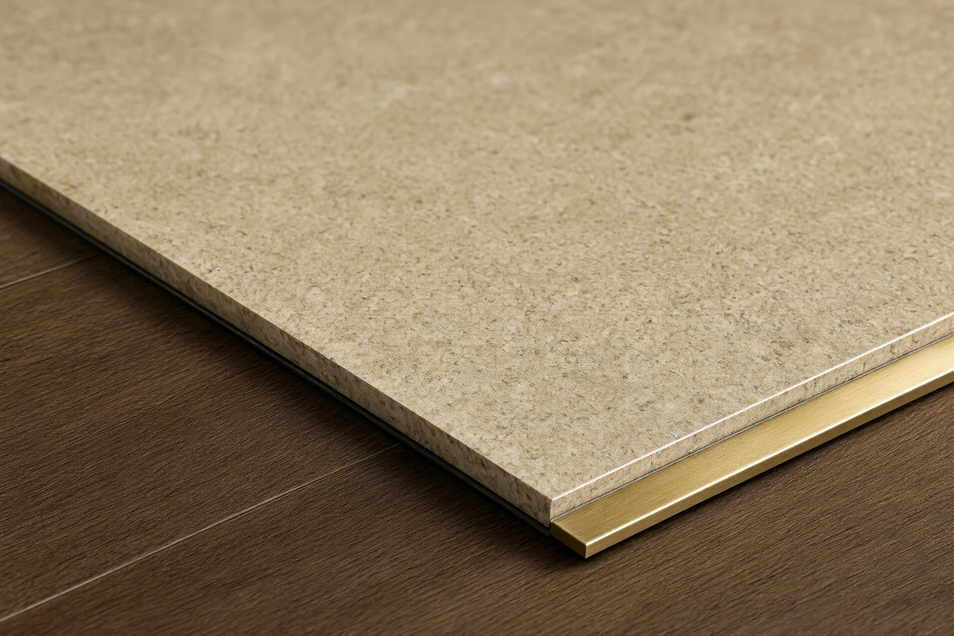 Floor threshold detail with honed travertine meeting walnut flooring across a brushed brass transition strip and shadow gap