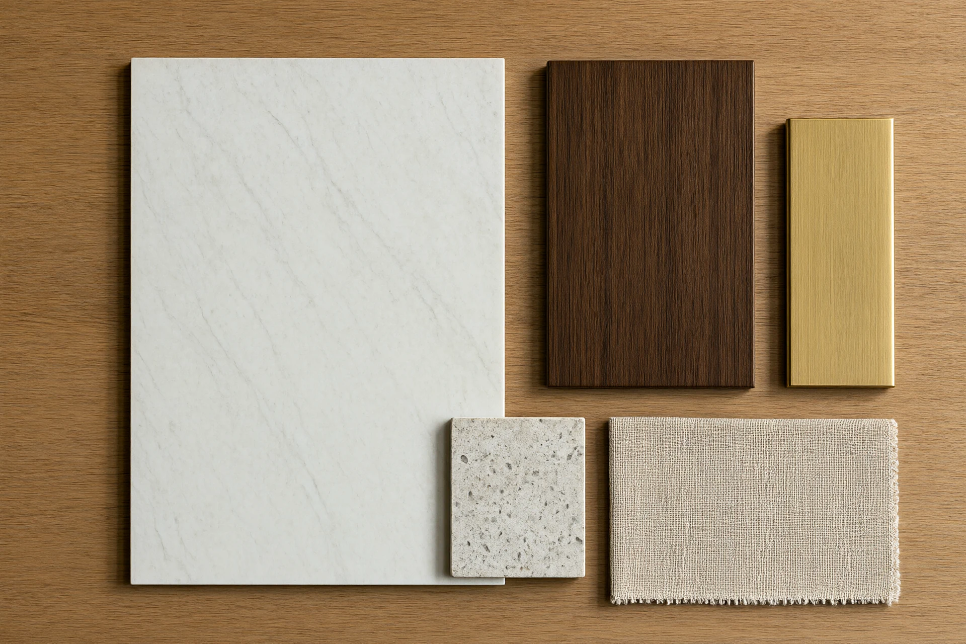 Whole house material palette board with marble slab, walnut veneer, brushed brass bar, linen fabric and sintered stone sample