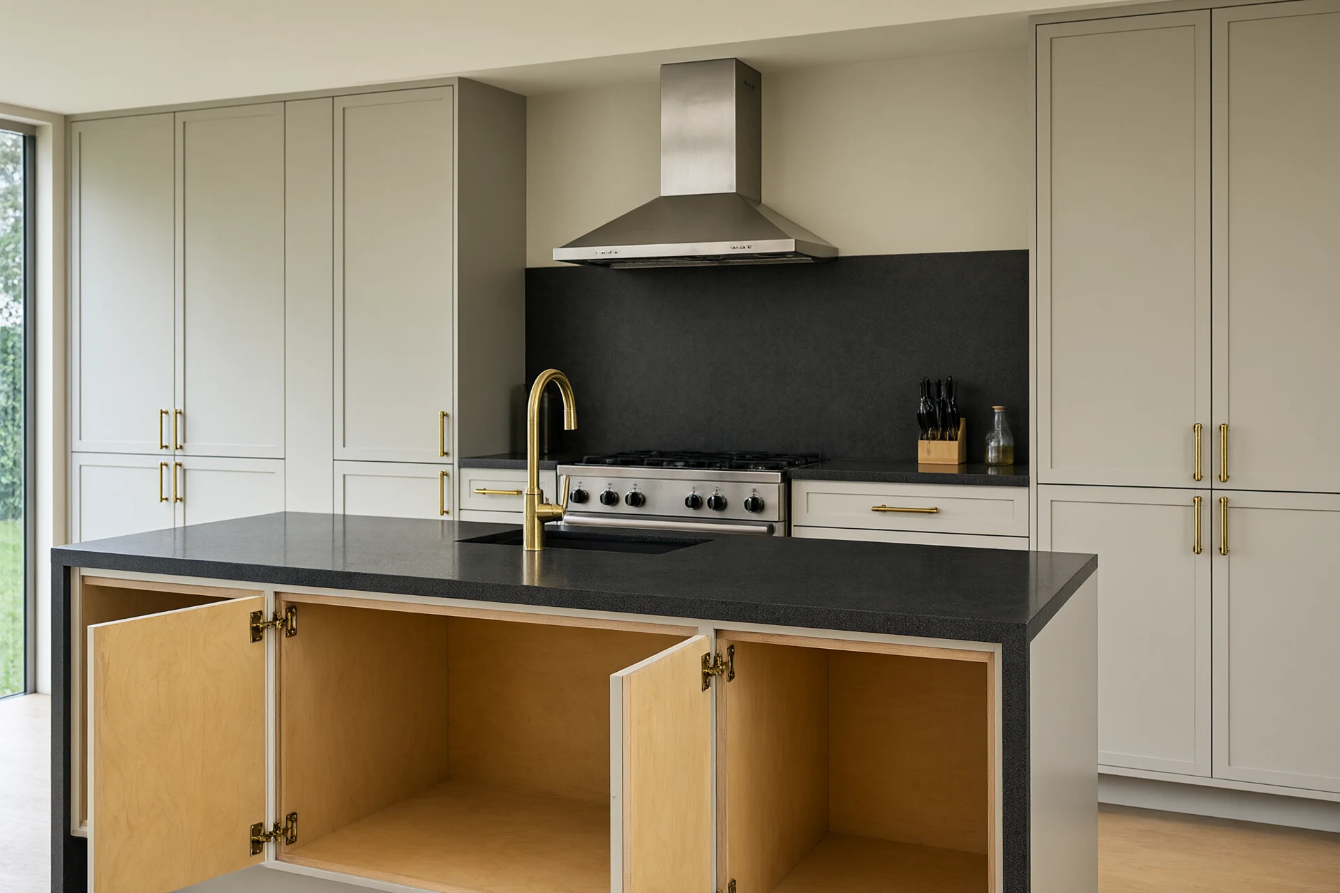 Family kitchen with 12 mm sintered stone island, open cabinet door showing 18 mm moisture resistant plywood carcass and ducted extractor hood