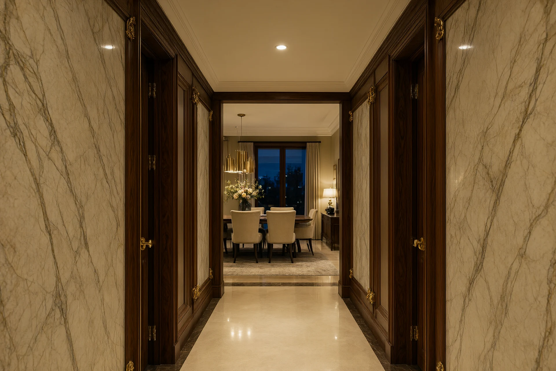 Whole house interior view from hallway through living and dining room showing the same marble, walnut and brass palette repeated