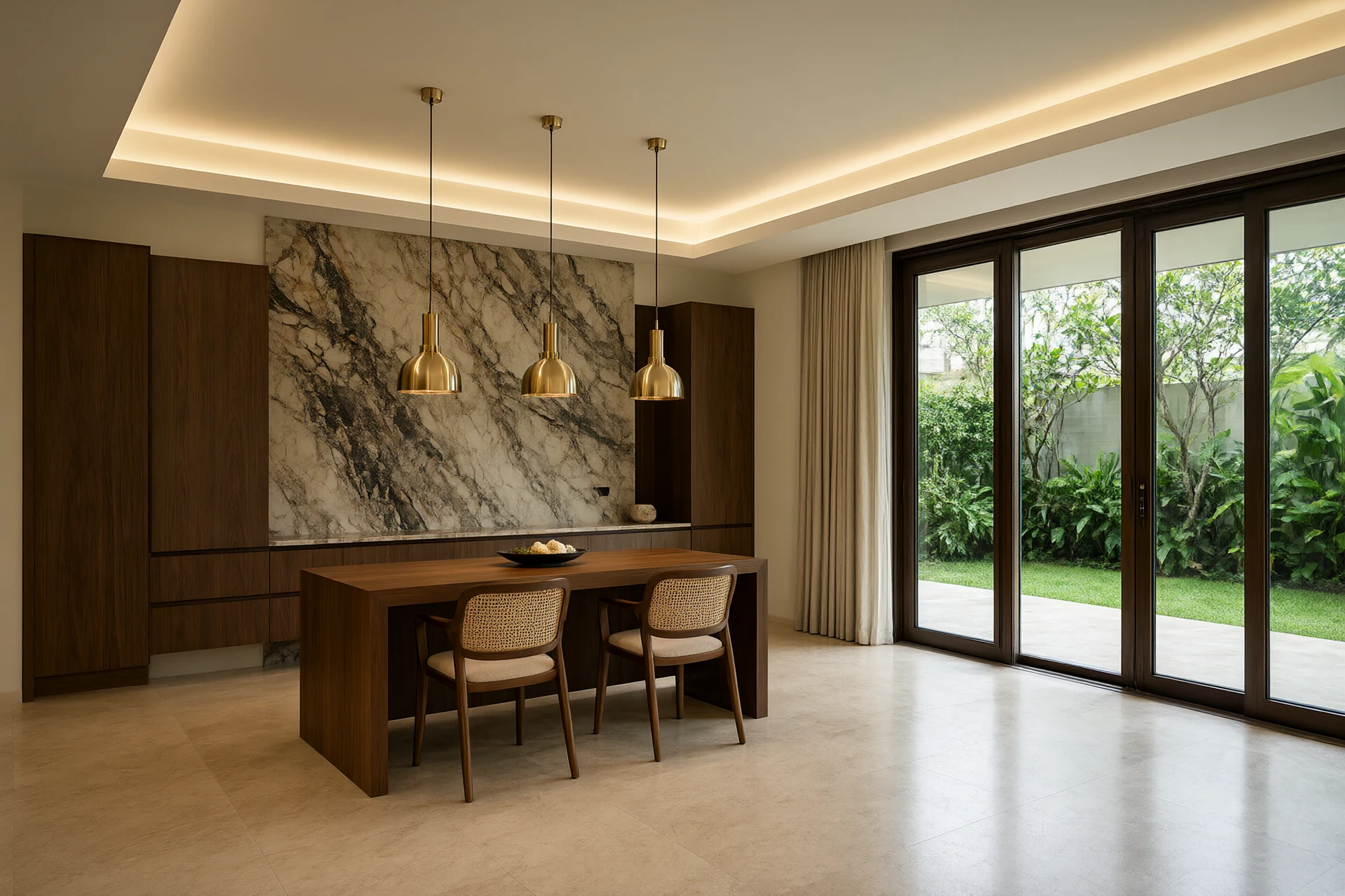 Home interior design in a warm climate open plan living room with bookmatched marble wall, walnut joinery and brushed brass pendants