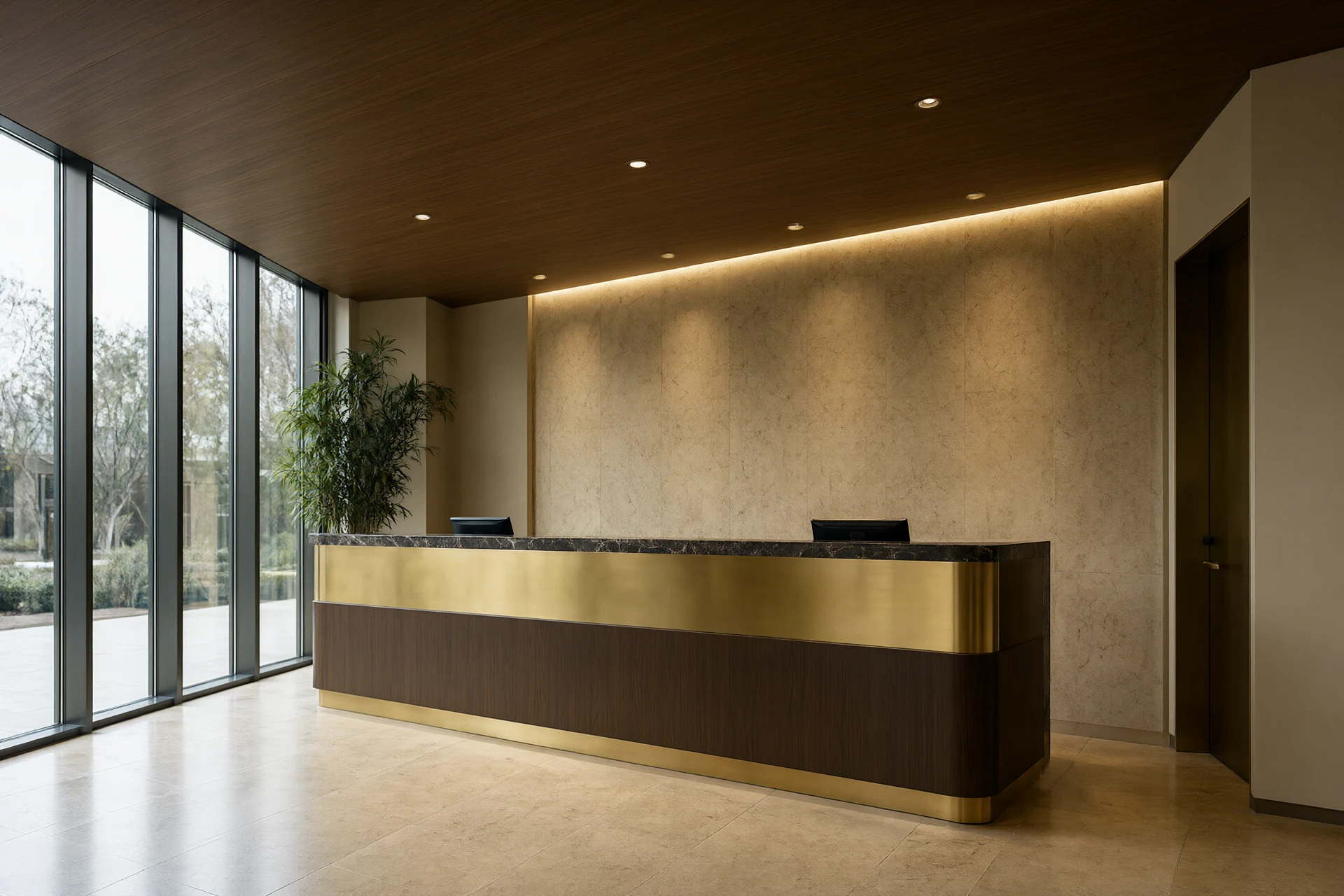 Hotel interior design arrival lobby with travertine walls and walnut ceiling