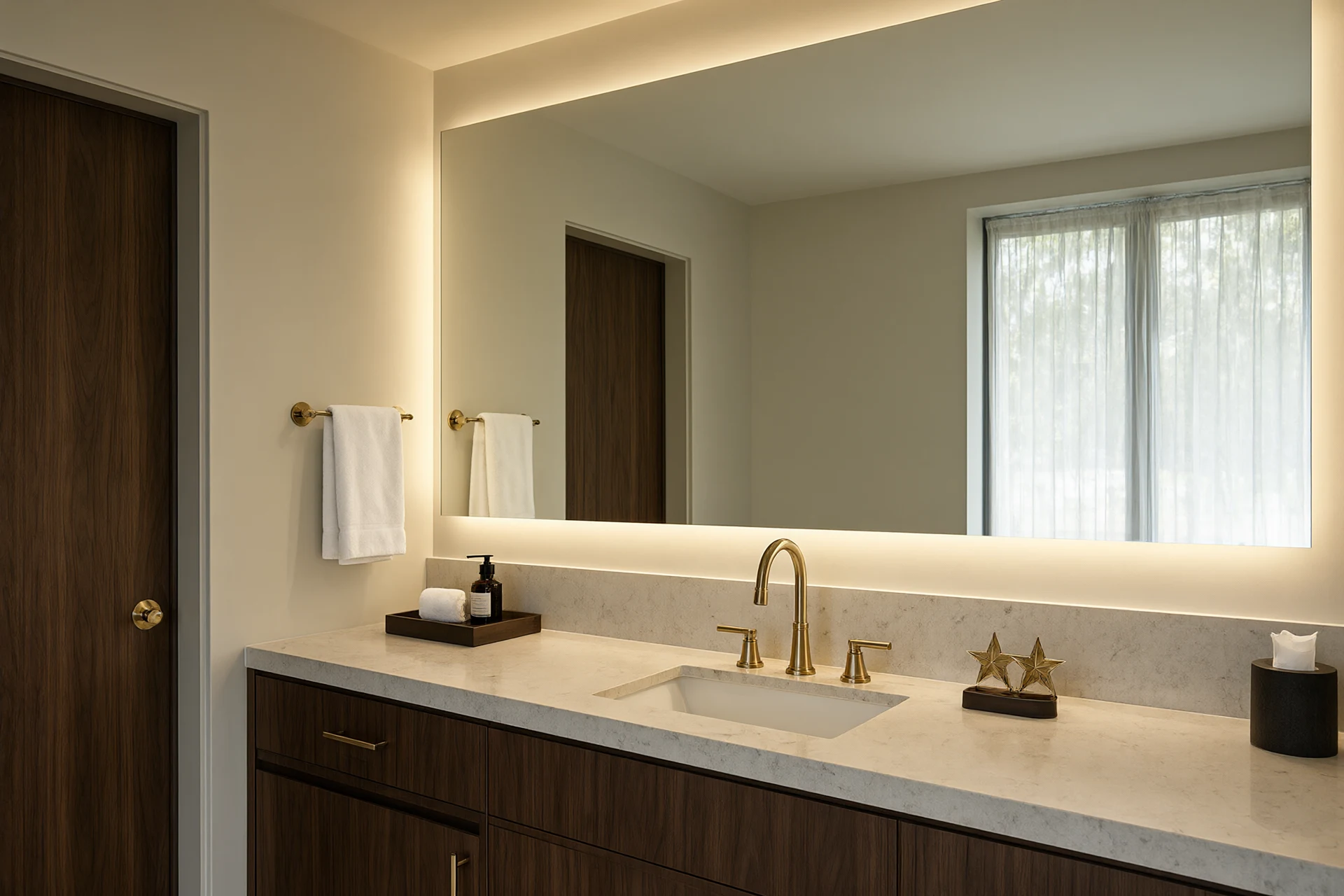 Hotel bathroom vanity in sintered stone with brushed brass and walnut