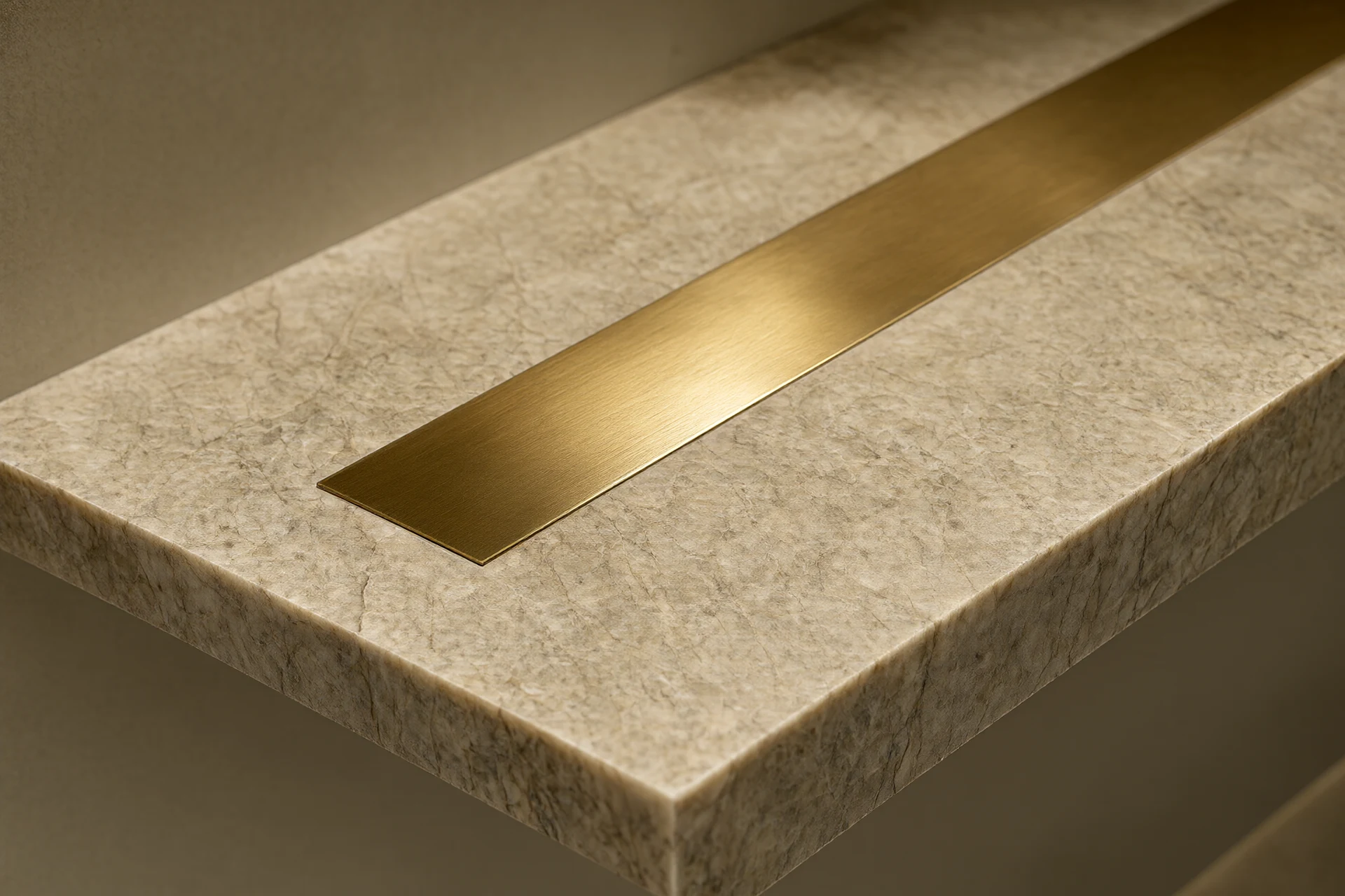 Close up of bookmatched marble vanity with brushed brass inlay