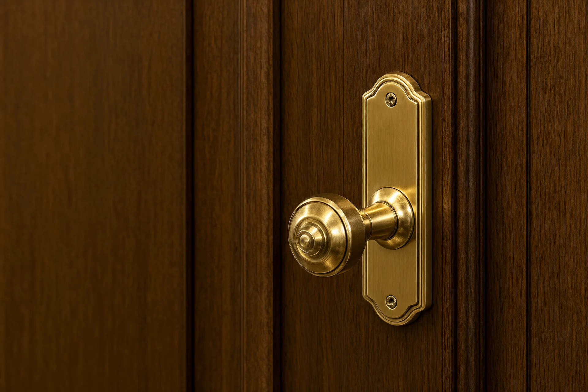Close up of brushed brass handle on walnut panel