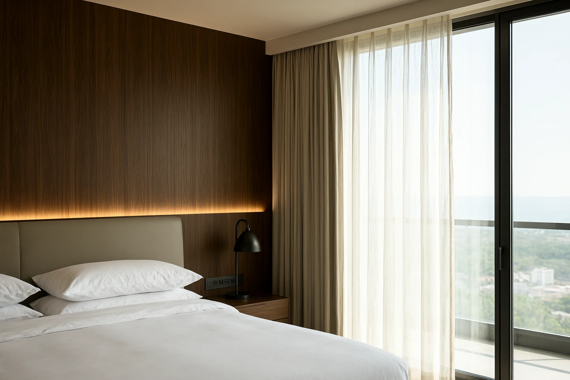 Hotel guestroom with walnut headboard and warm cove lighting