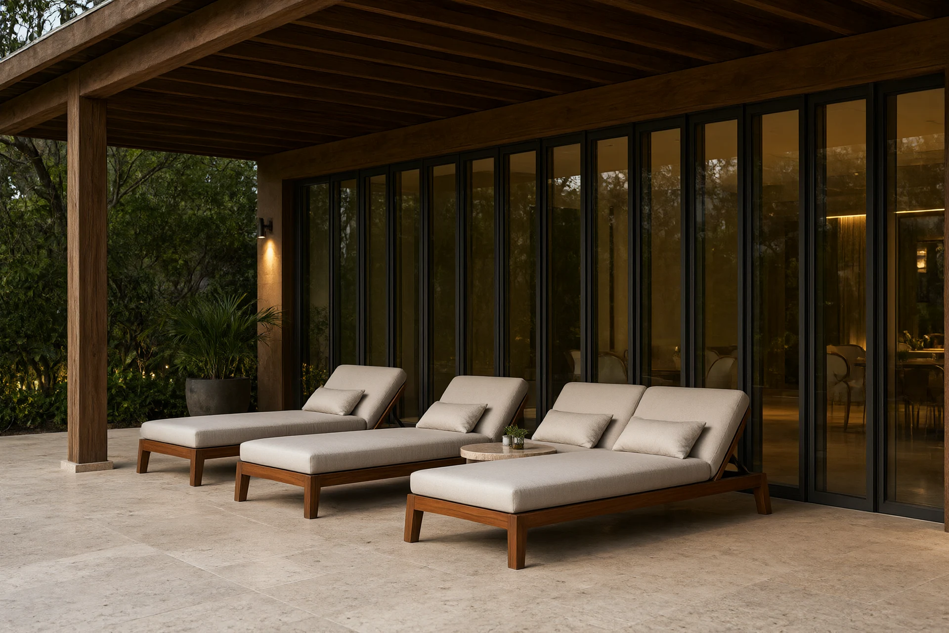 Resort terrace with travertine floor and timber pergola