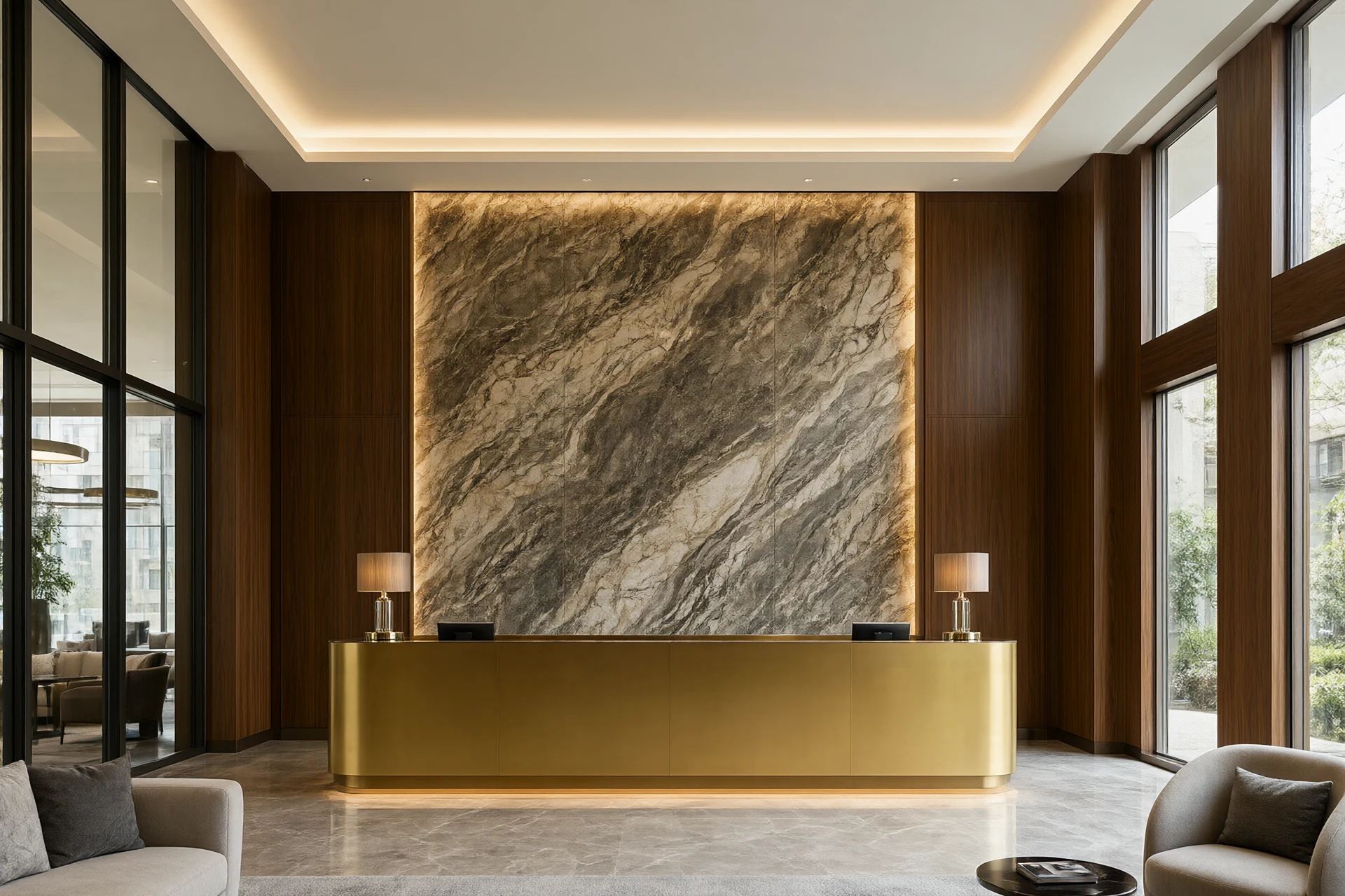 Hotel interior design lobby lounge with bookmatched marble and brushed brass