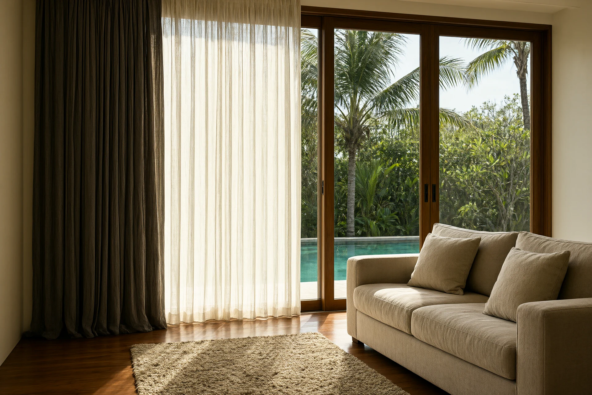 West facing window at midday with sheer curtain diffusing sun and a lined blackout drape stacked aside beside linen sofa and wool rug