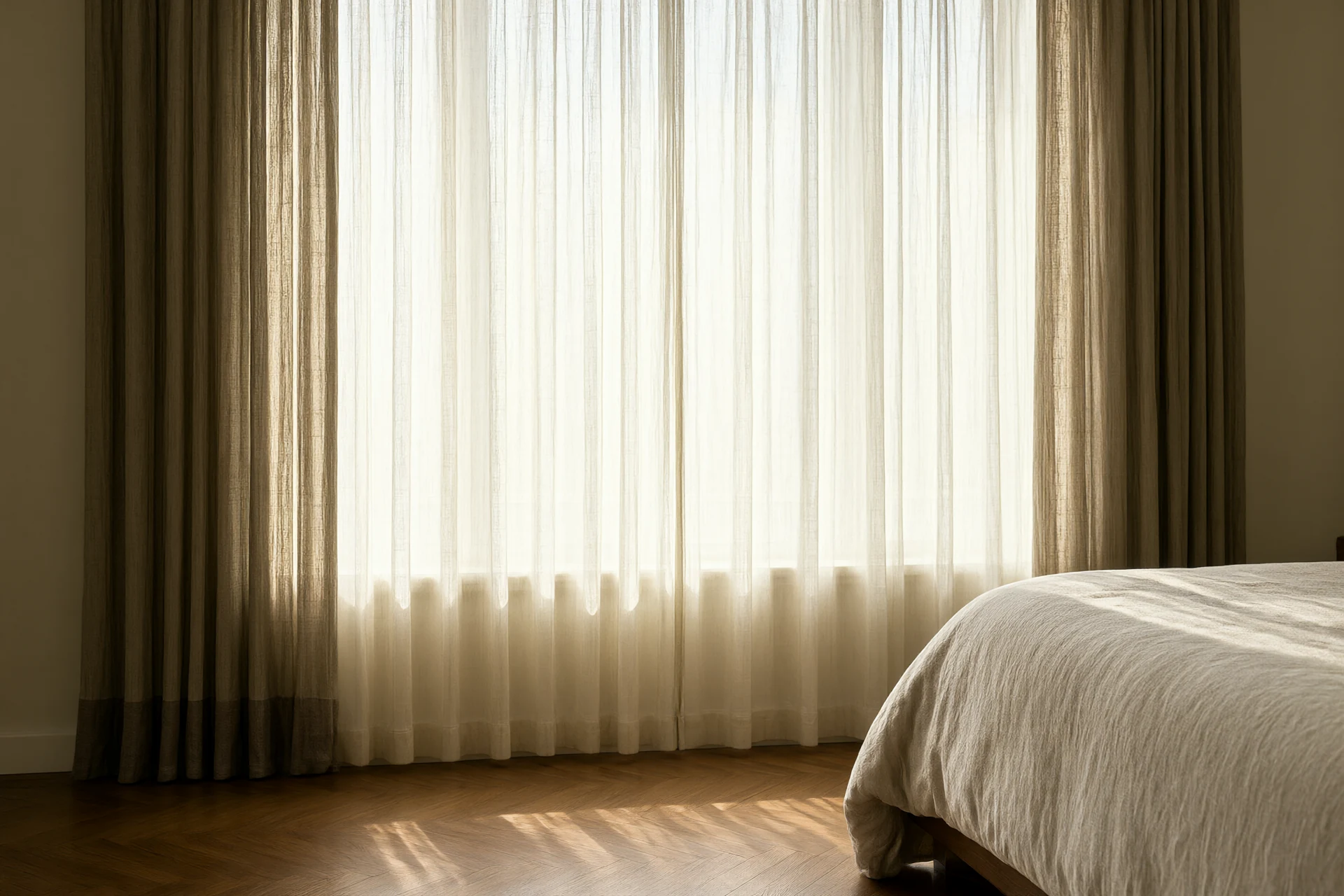 Bedroom window with layered sheer and lined curtain showing hem and lining detail in warm daylight