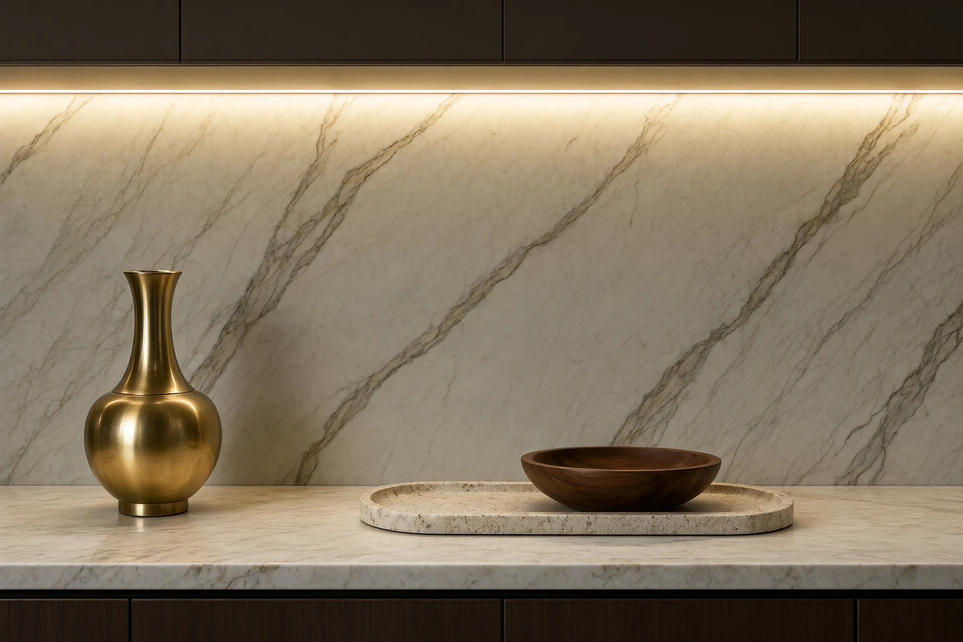 Console vignette with brushed brass object, travertine tray and walnut bowl against a bookmatched marble wall