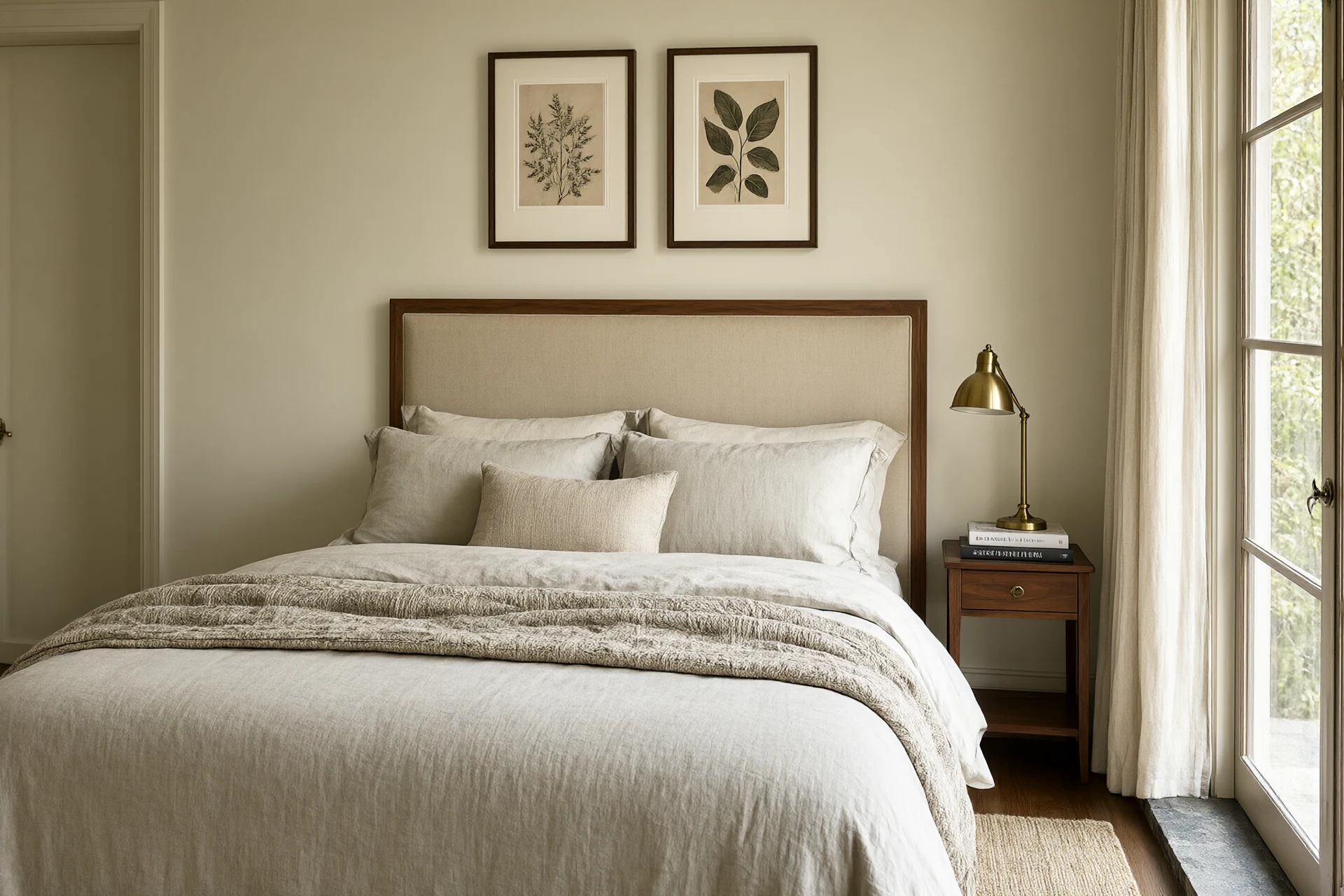 Bedroom decorated with layered linen bedding, framed art above headboard, brass bedside lamp and walnut joinery