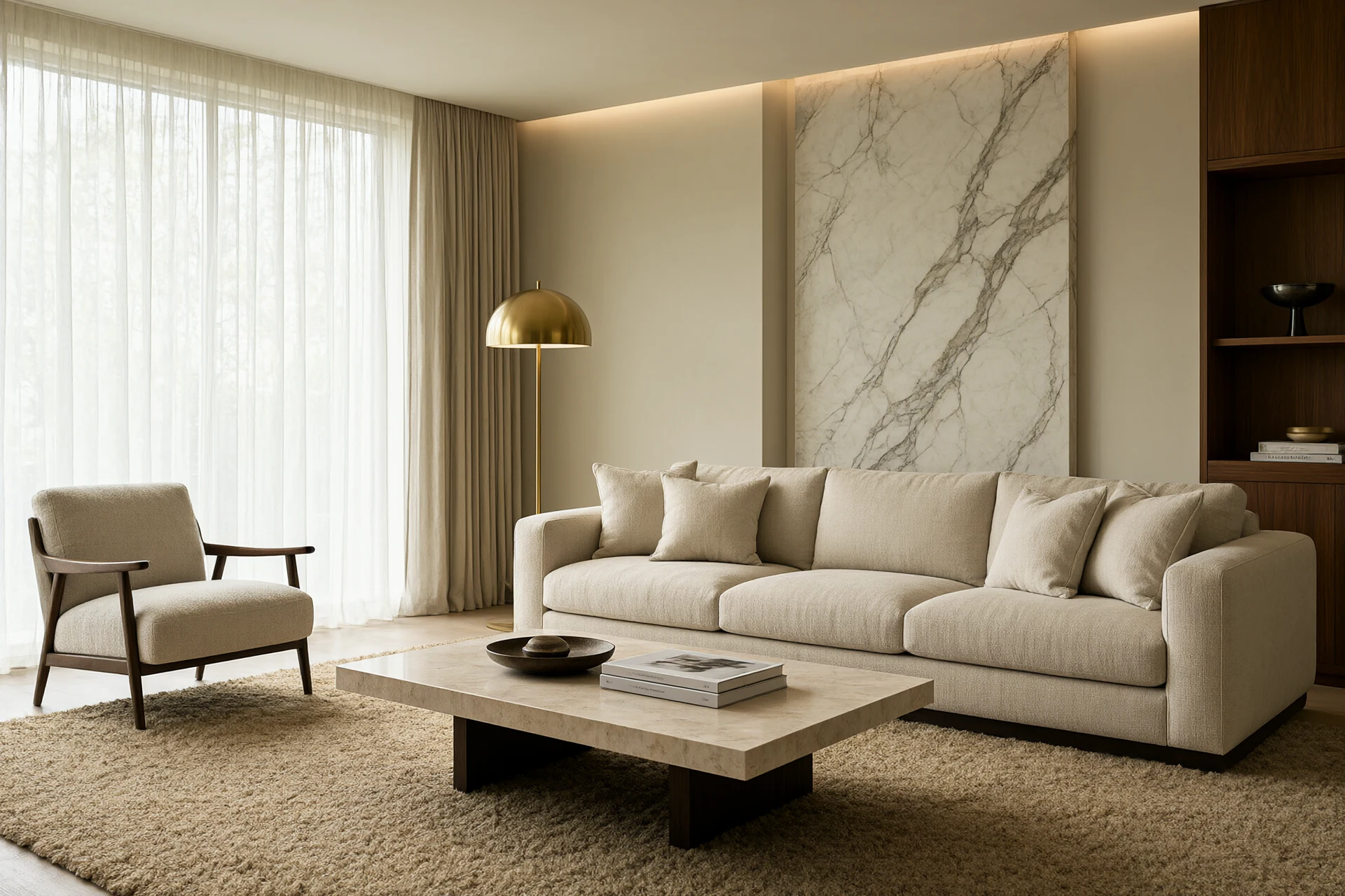 Interior decoration ideas realised in a warm climate living room with linen sofa, wool rug, brass lamp and travertine table