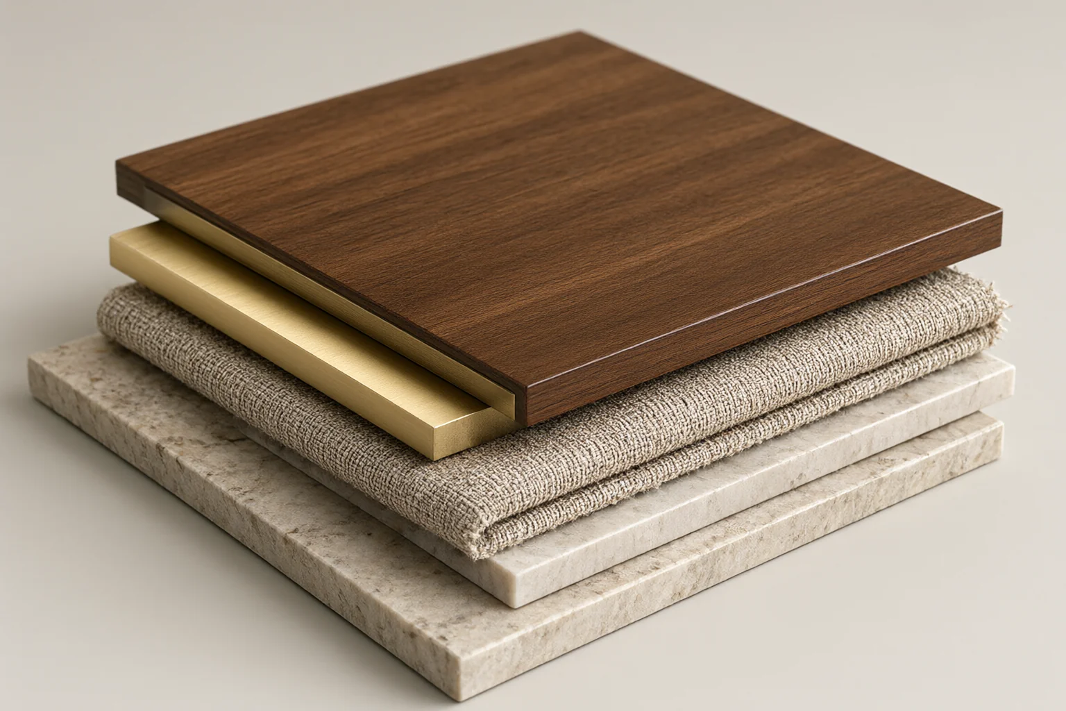Material sample stack from an interior design company showing walnut veneer, brushed brass, woven linen and honed stone for a hot-climate specification