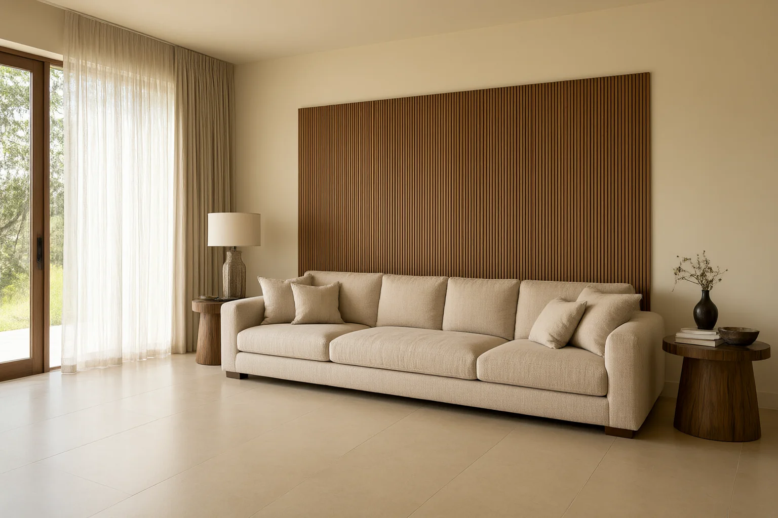 Residential interior design project delivered by an interior design company, with linen sofa, fluted timber feature wall, sheer curtains and large-format porcelain floor