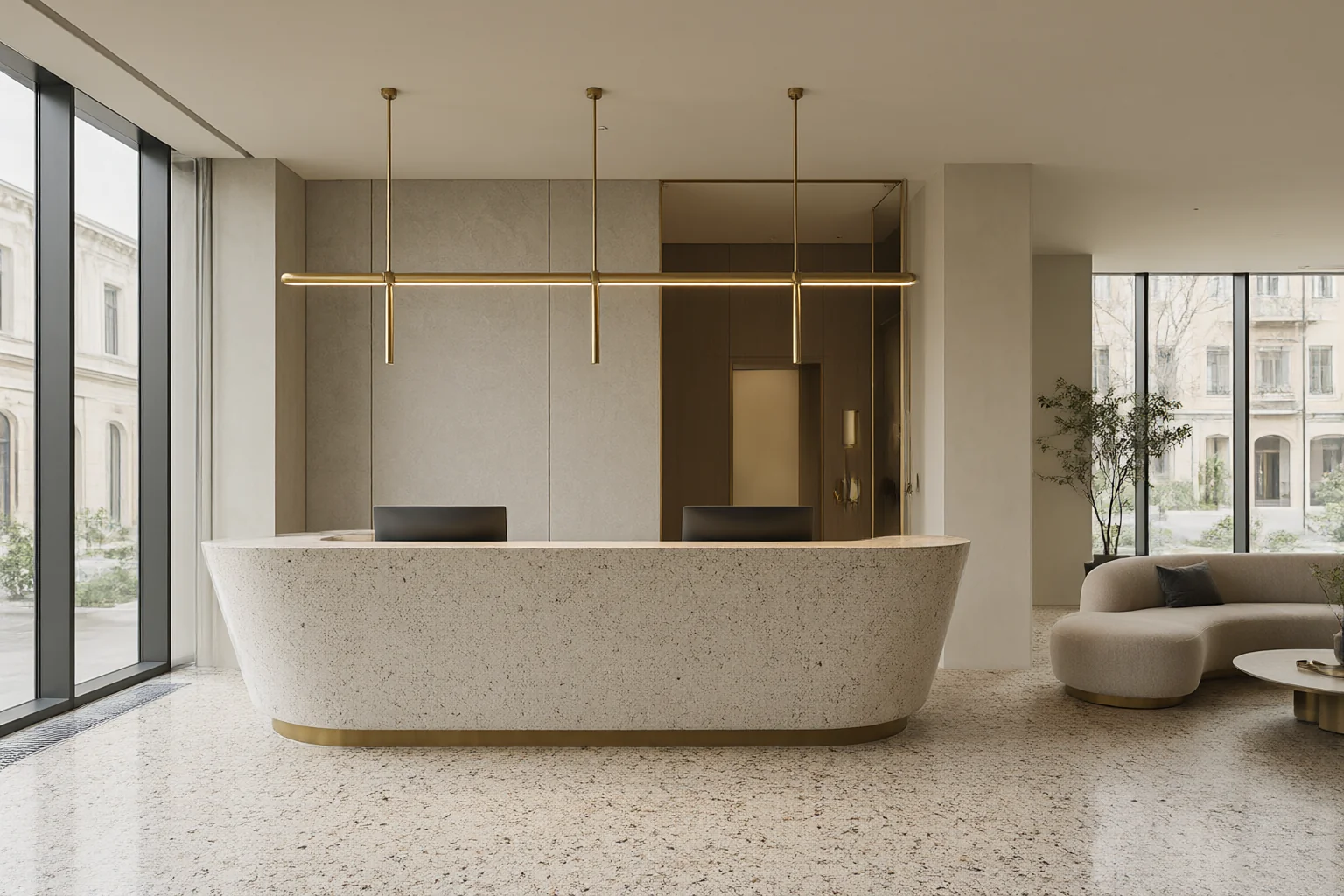 Commercial interior design lobby delivered by an interior design company, with terrazzo floor, cast stone reception counter and linear brass pendant lighting