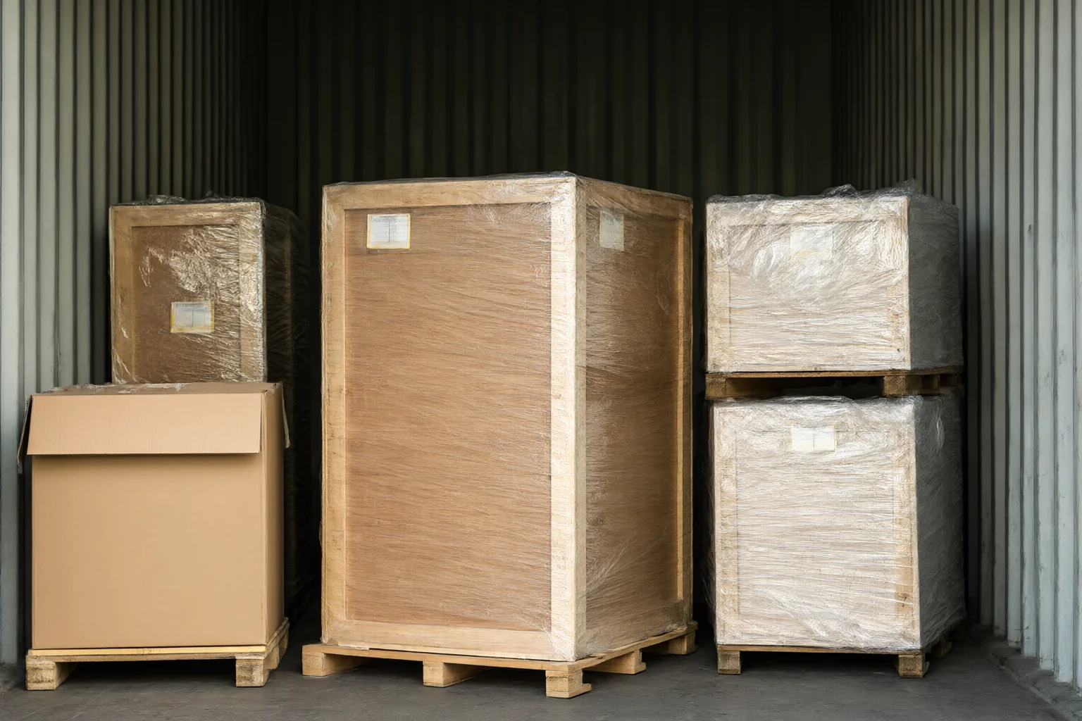 Flat-packed interior fit-out crates and wrapped panel bundles loaded inside a shipping container for an Africa project