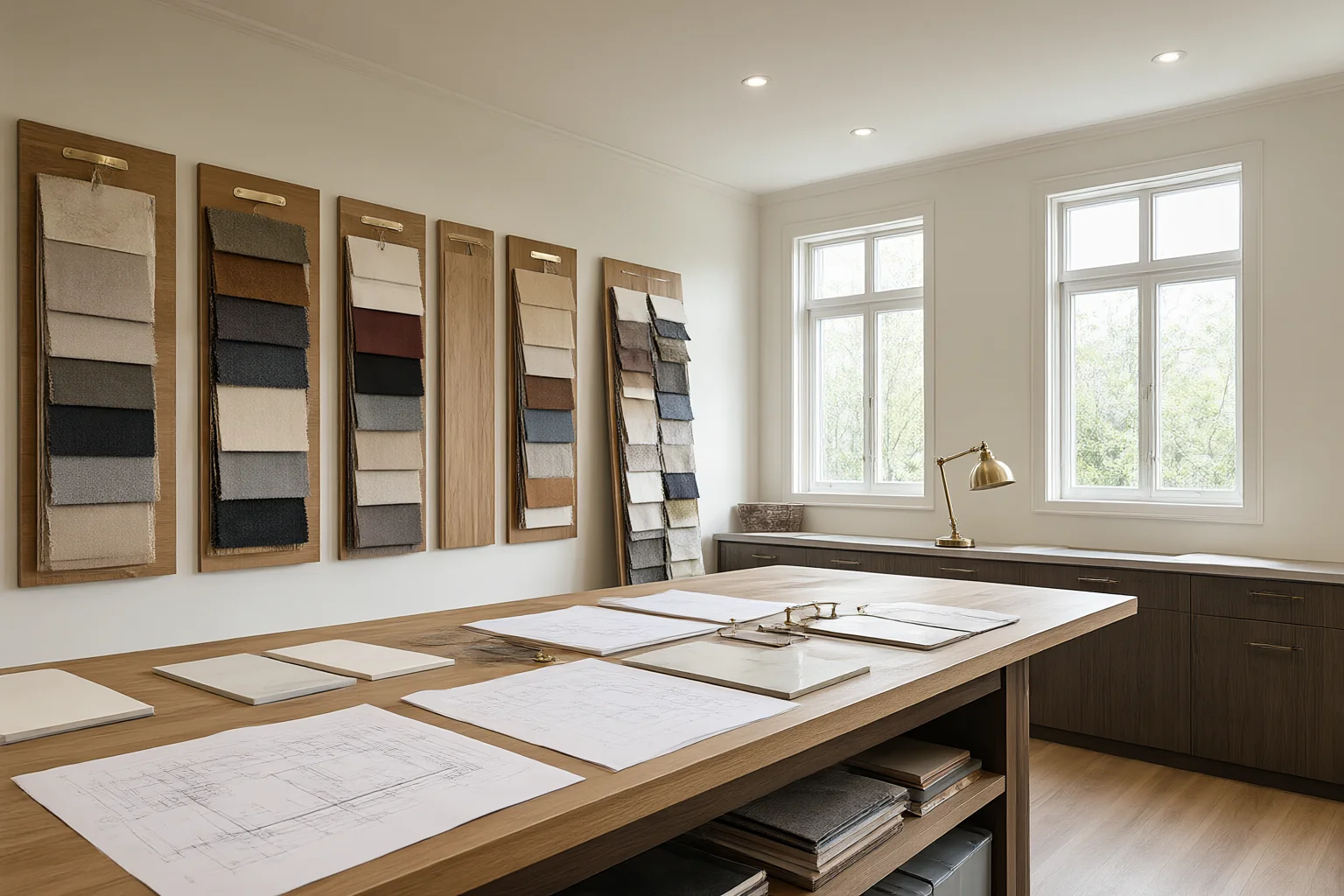 Interior design company studio with material sample boards of timber veneer, stone and fabric on a large specification table