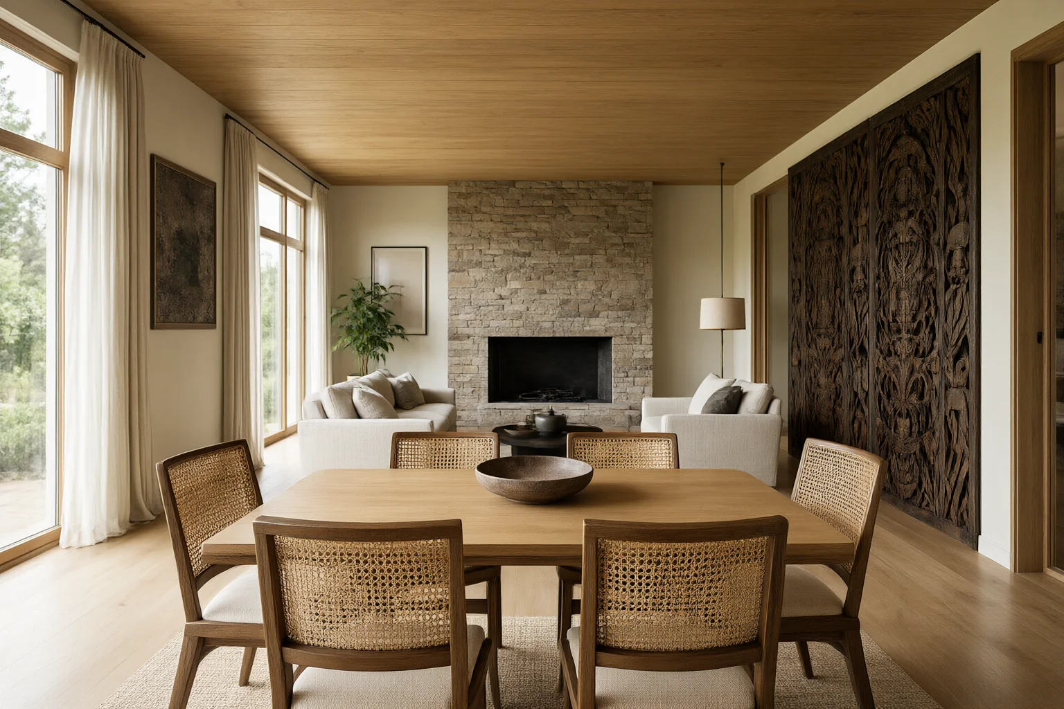 Warm open-plan interior design ideas in practice: timber ceiling, rattan dining chairs, stone feature wall and carved wooden screen