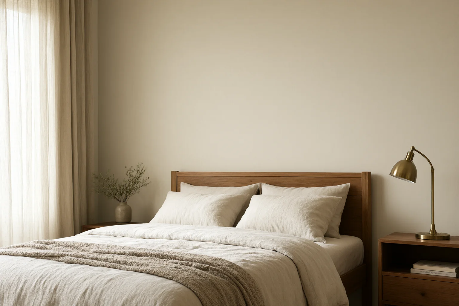 Calm residential interior design ideas: linen bedding, timber headboard and brass bedside lamp in a warm-climate bedroom