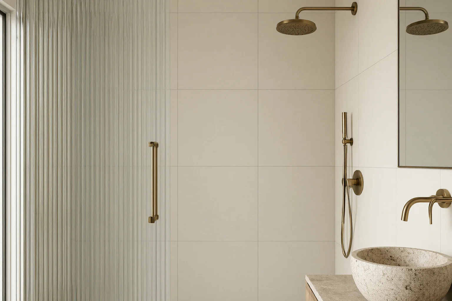 Bathroom finishing touch with interior design ideas: fluted glass shower screen, beige porcelain tile walls and brushed brass fittings