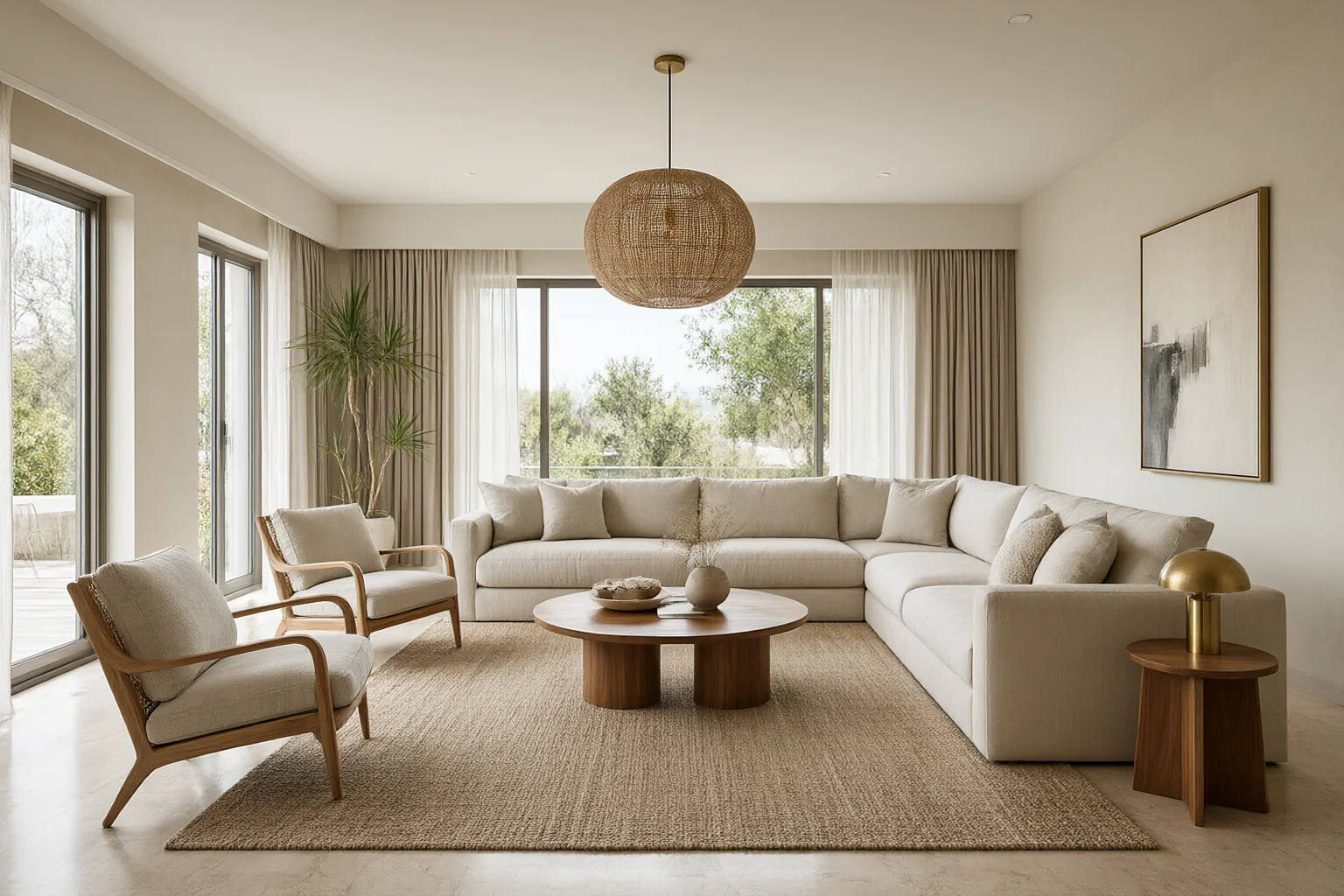 Interior design ideas for a warm-climate villa living room with travertine floor, linen sofa and rattan pendant