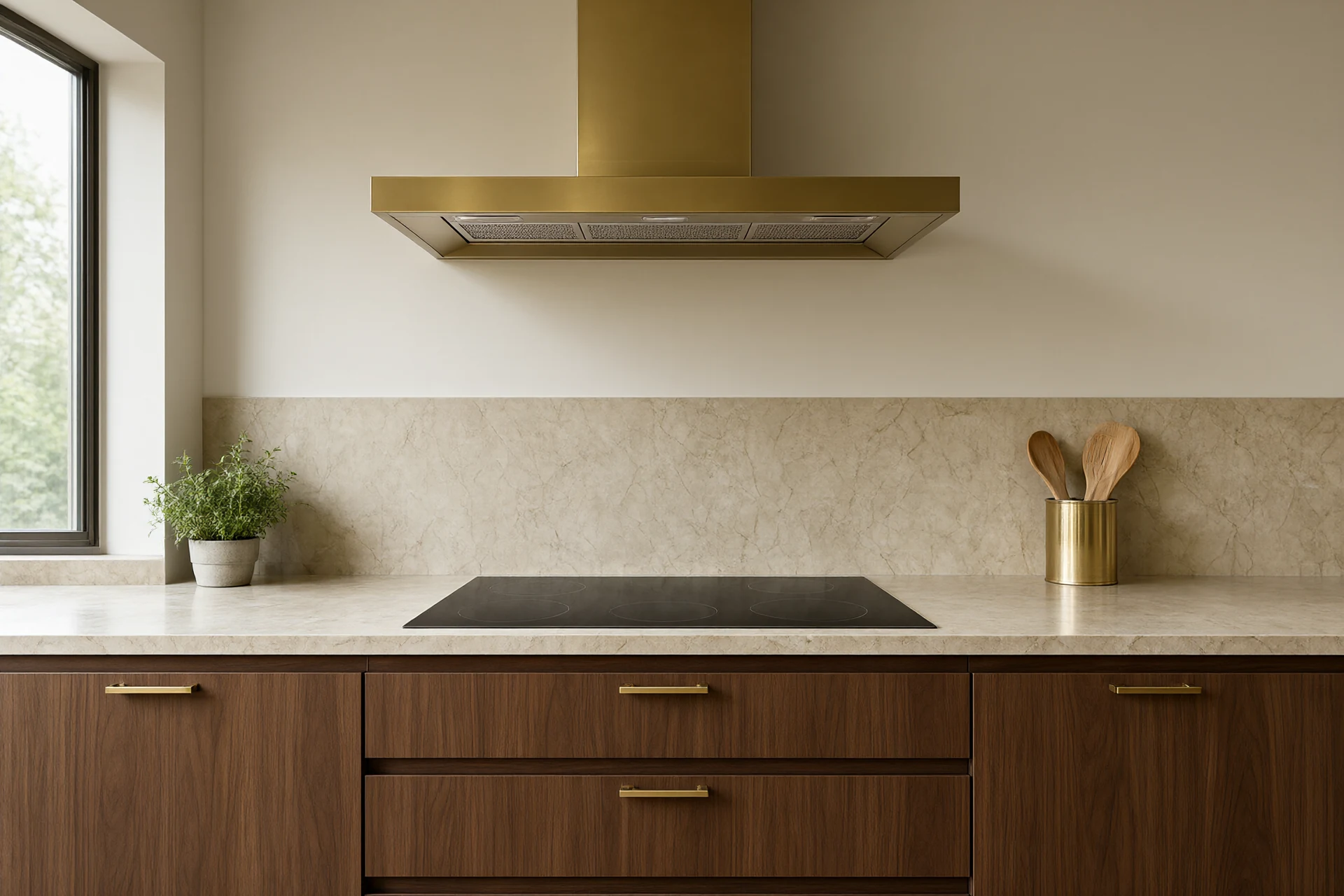 Kitchen interior design cooking zone with induction hob flush set in a honed marble island, slim brushed brass extractor hood above and walnut drawer fronts