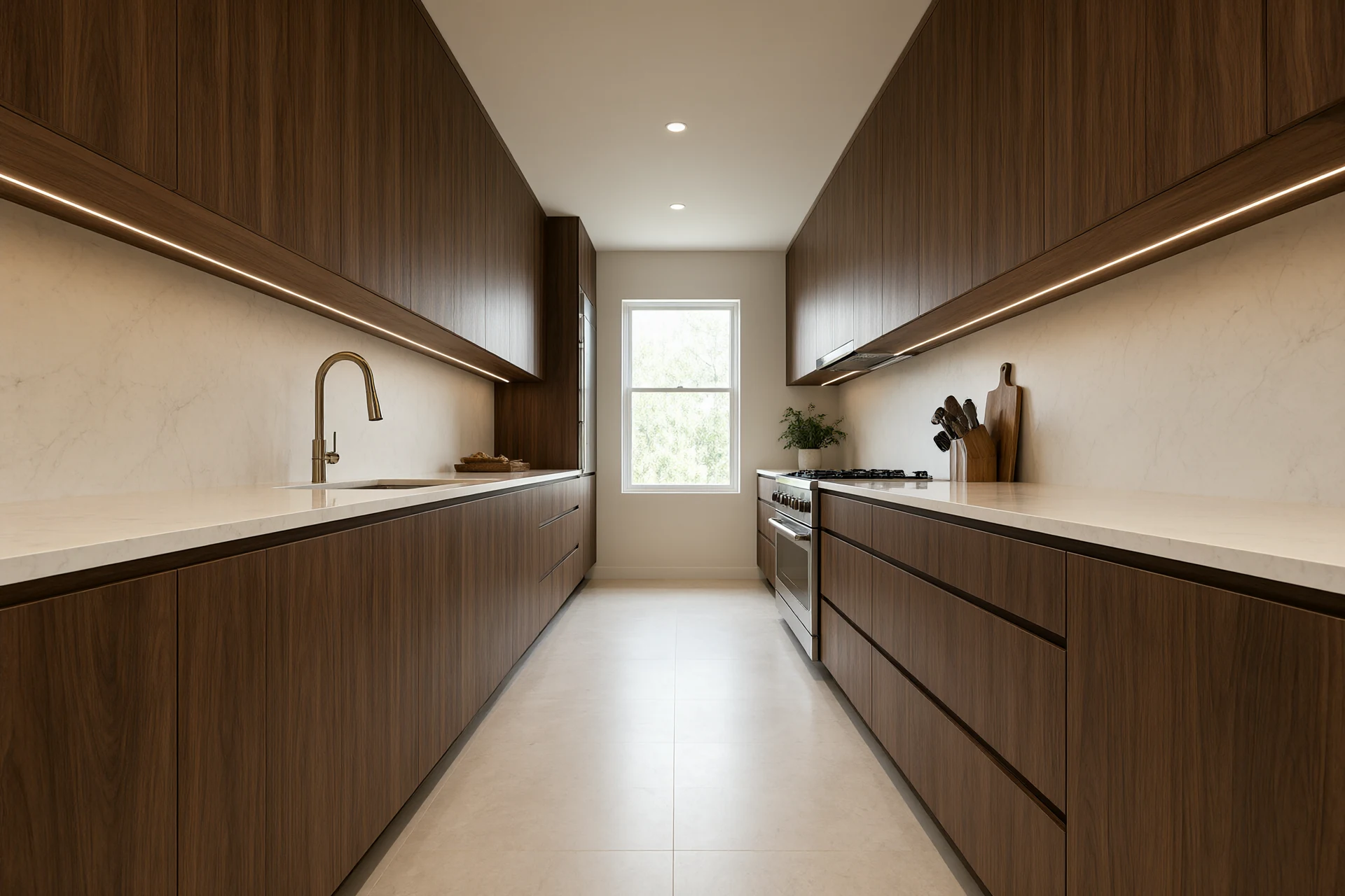 Galley kitchen aisle with 1200 millimetre clear walkway between two runs of handleless walnut cabinets and a honed porcelain floor