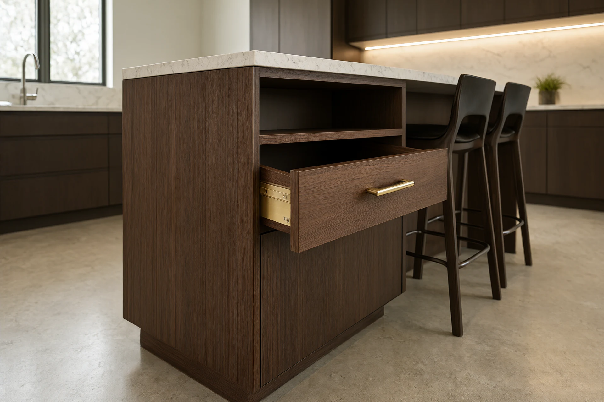 Kitchen island clearance detail with an open walnut drawer, brushed brass pull, bar stool set back and a 20 millimetre marble countertop edge