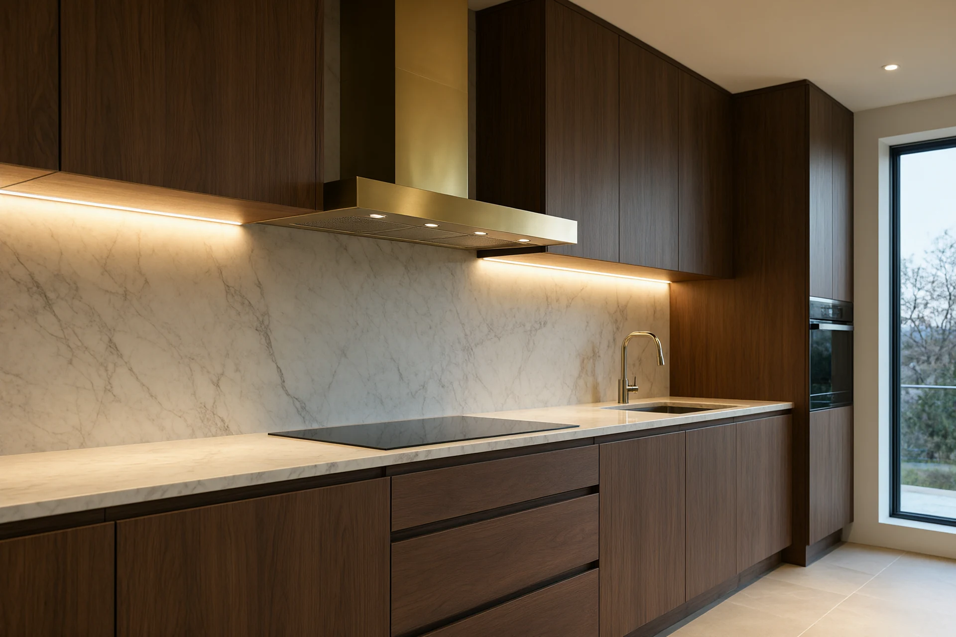 Kitchen at dusk with continuous linear task lighting under walnut wall cabinets over a marble splashback and a slim brushed brass extractor hood
