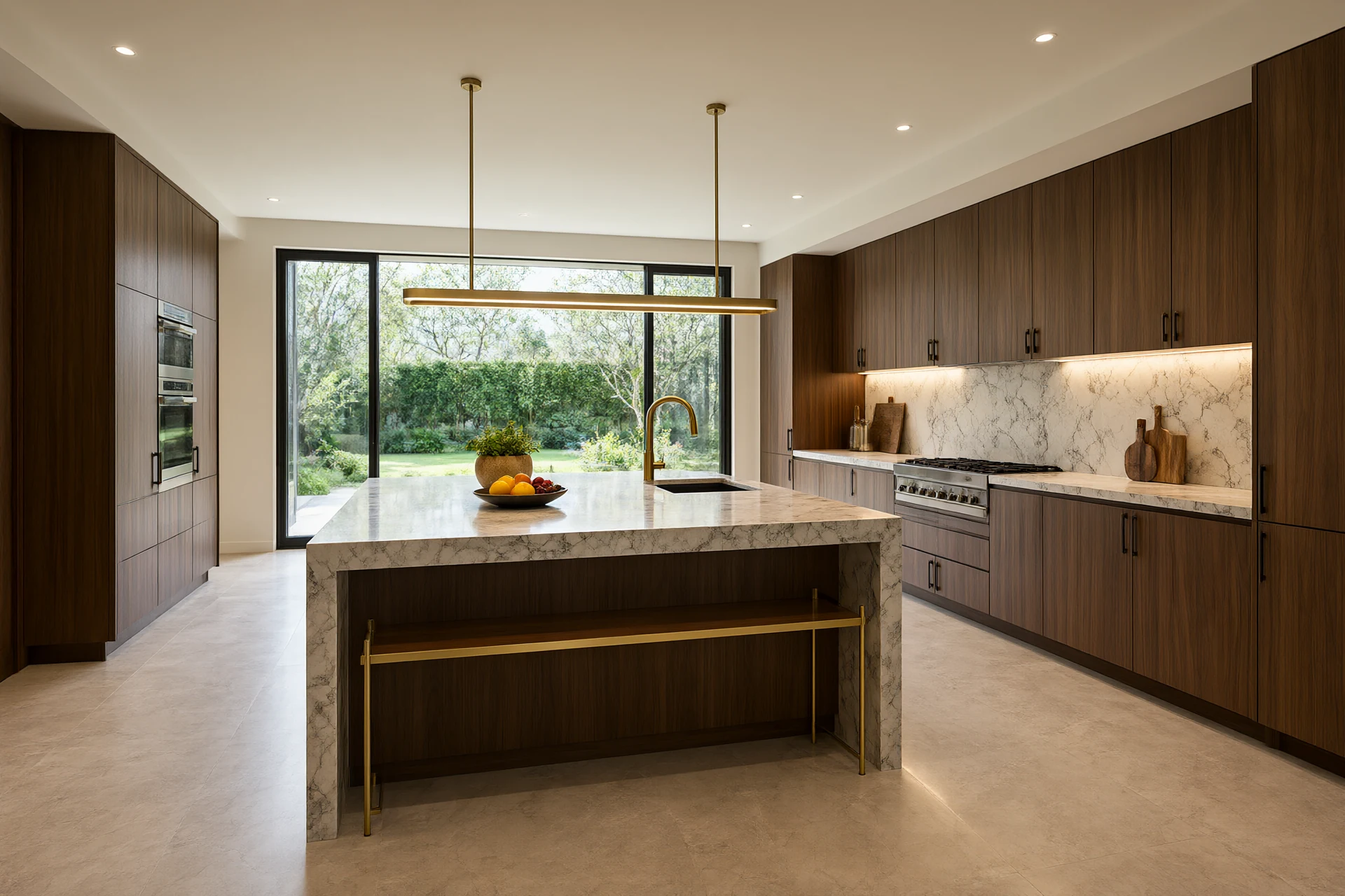 Finished kitchen interior design wide view with a long marble island, slim brass open shelf, walnut joinery wall and full height glass to a planted garden