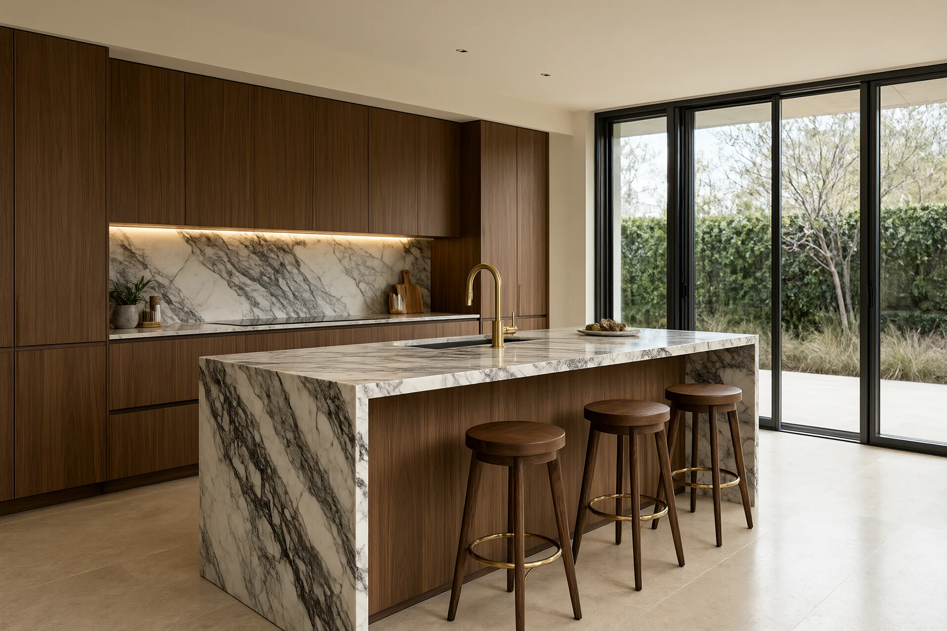 Kitchen interior design in an open plan villa with a bookmatched marble waterfall island, handleless walnut cabinetry, brushed brass tap and full height glass
