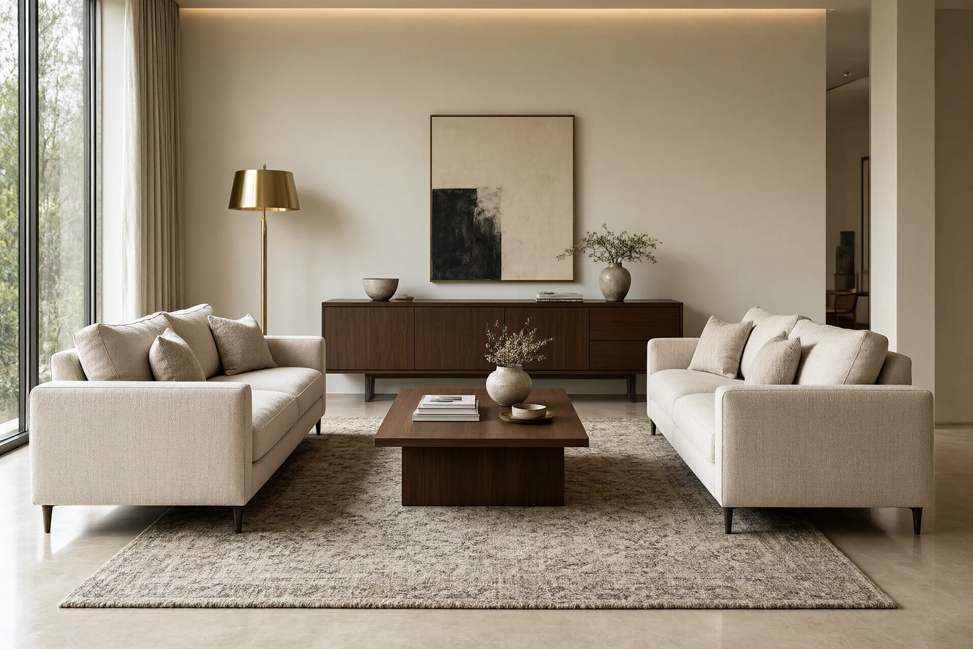 Living room conversation seating group with two facing linen sofas, wool flatweave rug, walnut coffee table and brushed brass floor lamp