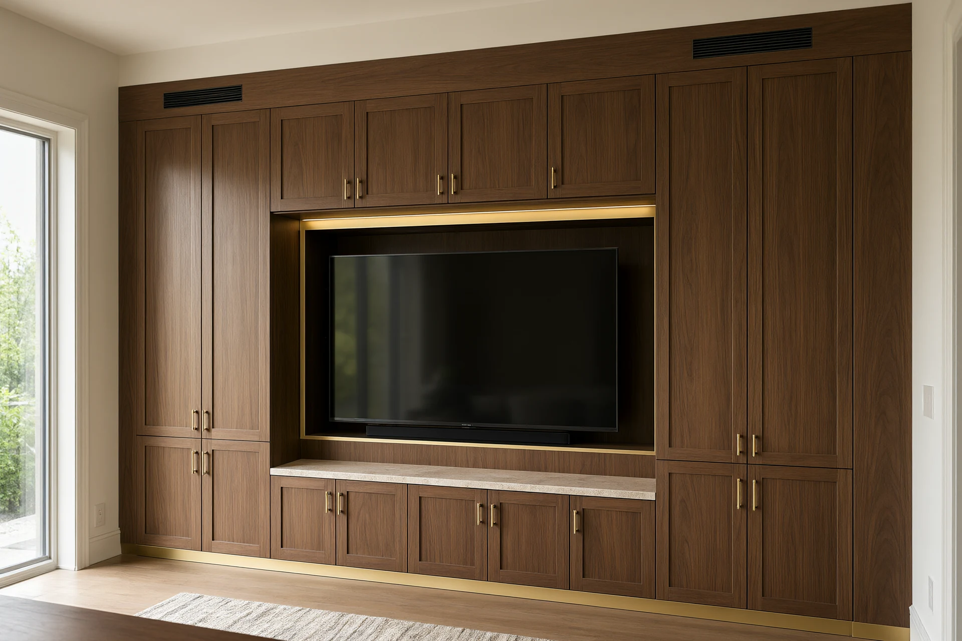 Living room media wall joinery detail with walnut veneer cabinets, brushed brass reveal trim, honed stone shelf and ventilated equipment bay