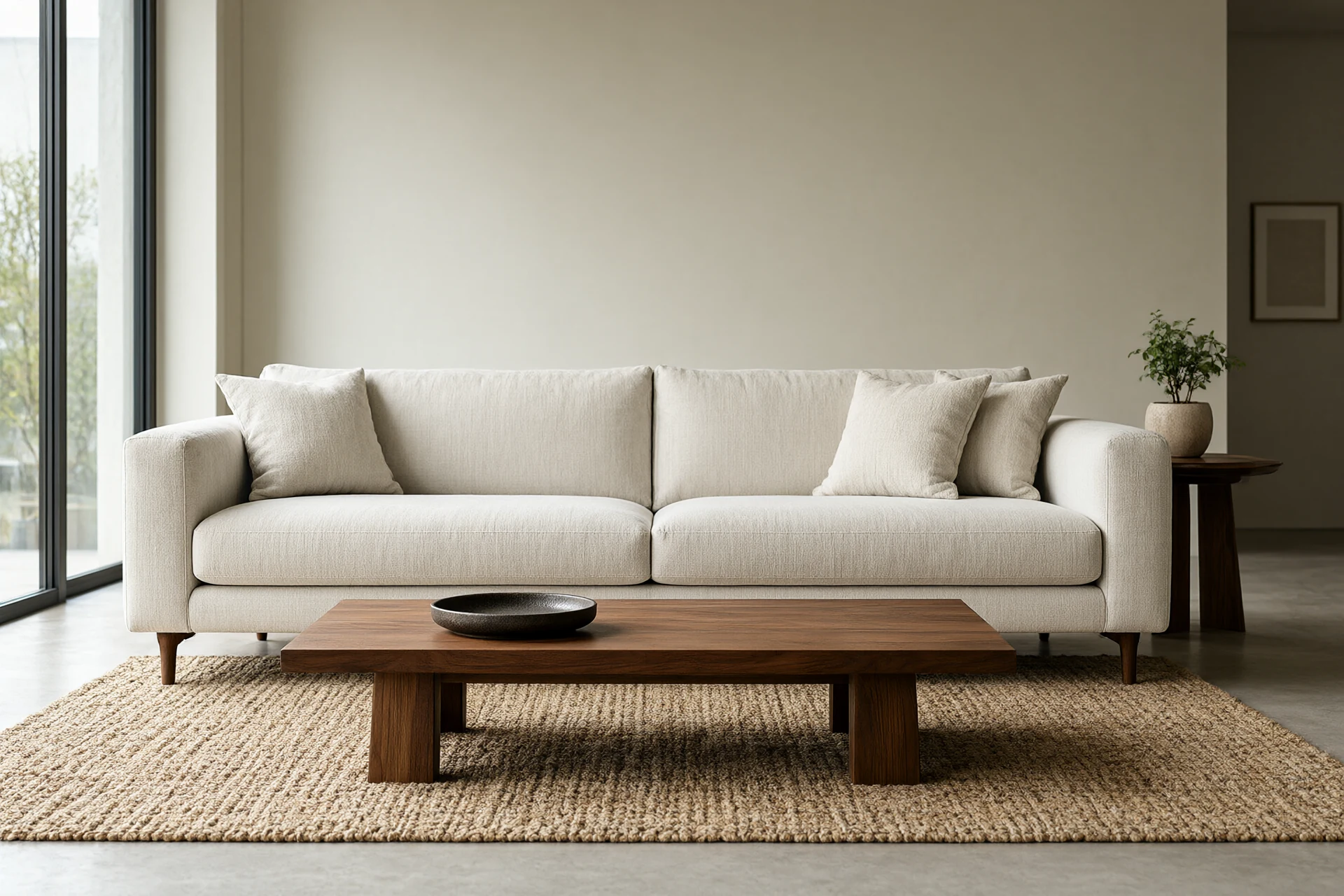 Living room seating geometry side view with linen sofa front legs on a wool flatweave rug, walnut coffee table and clear circulation lane