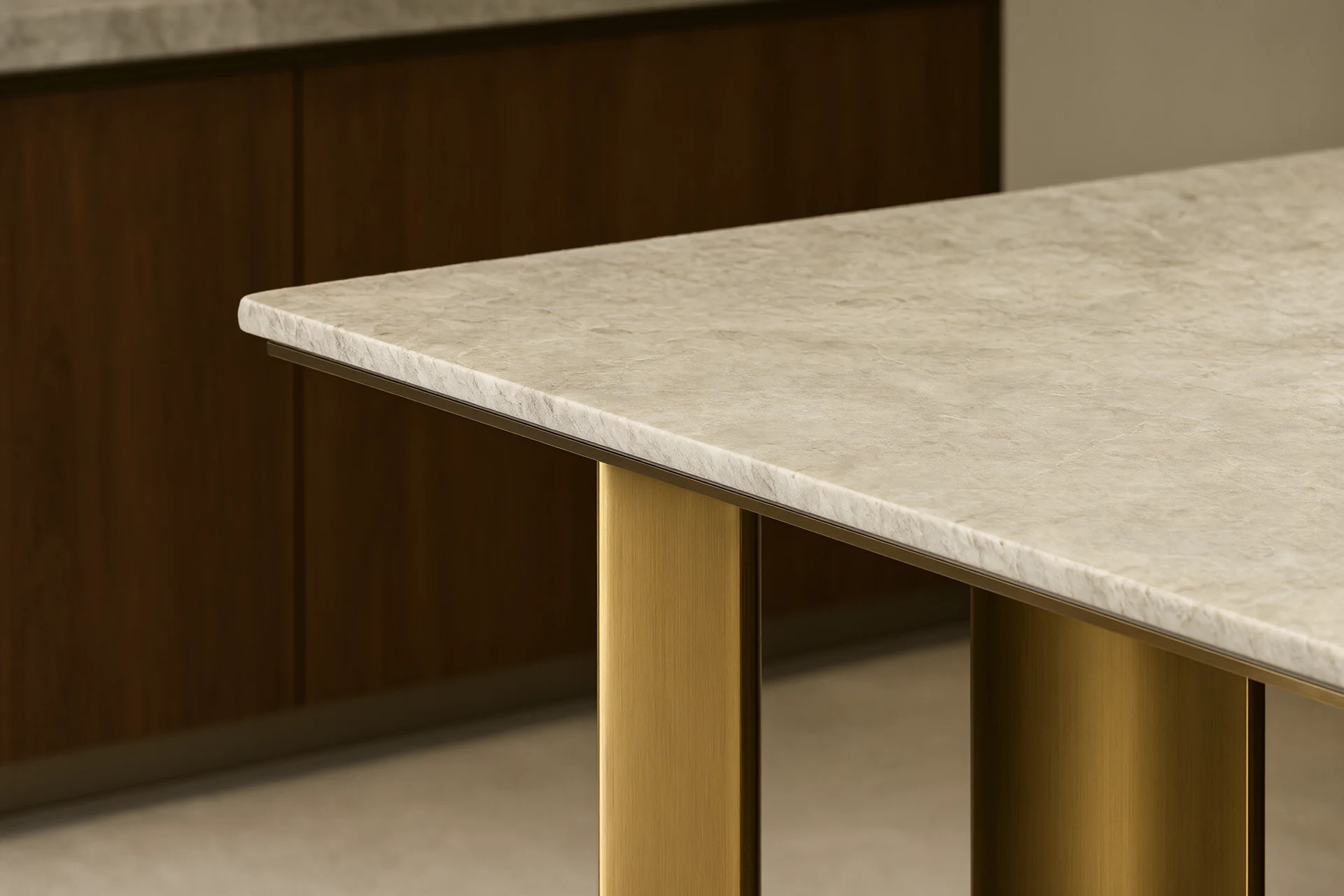 Macro material detail of a honed marble coffee table edge meeting a brushed brass leg above a walnut floor plank