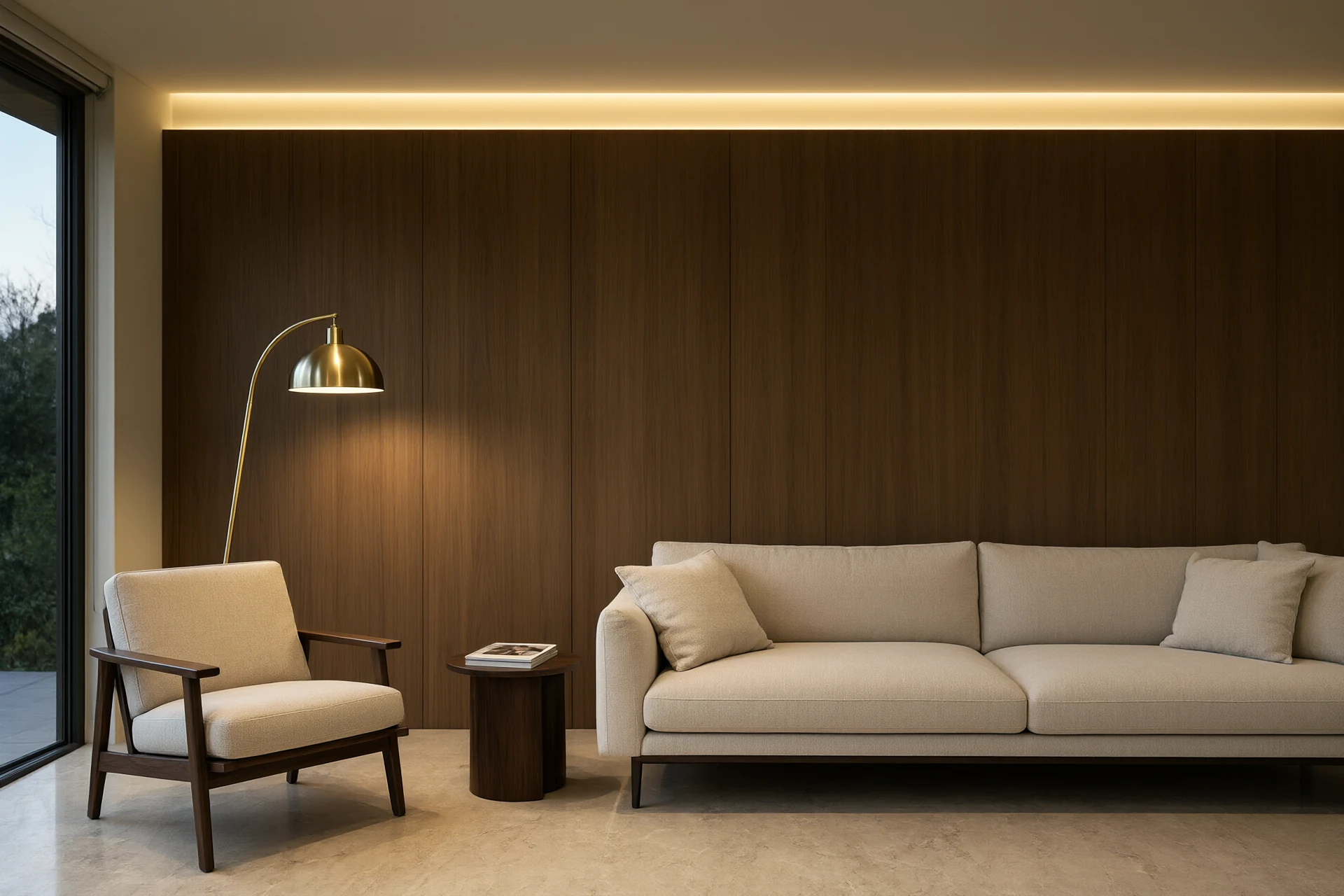 Living room at dusk with warm cove lighting along the ceiling recess and a brushed brass reading floor lamp beside an armchair