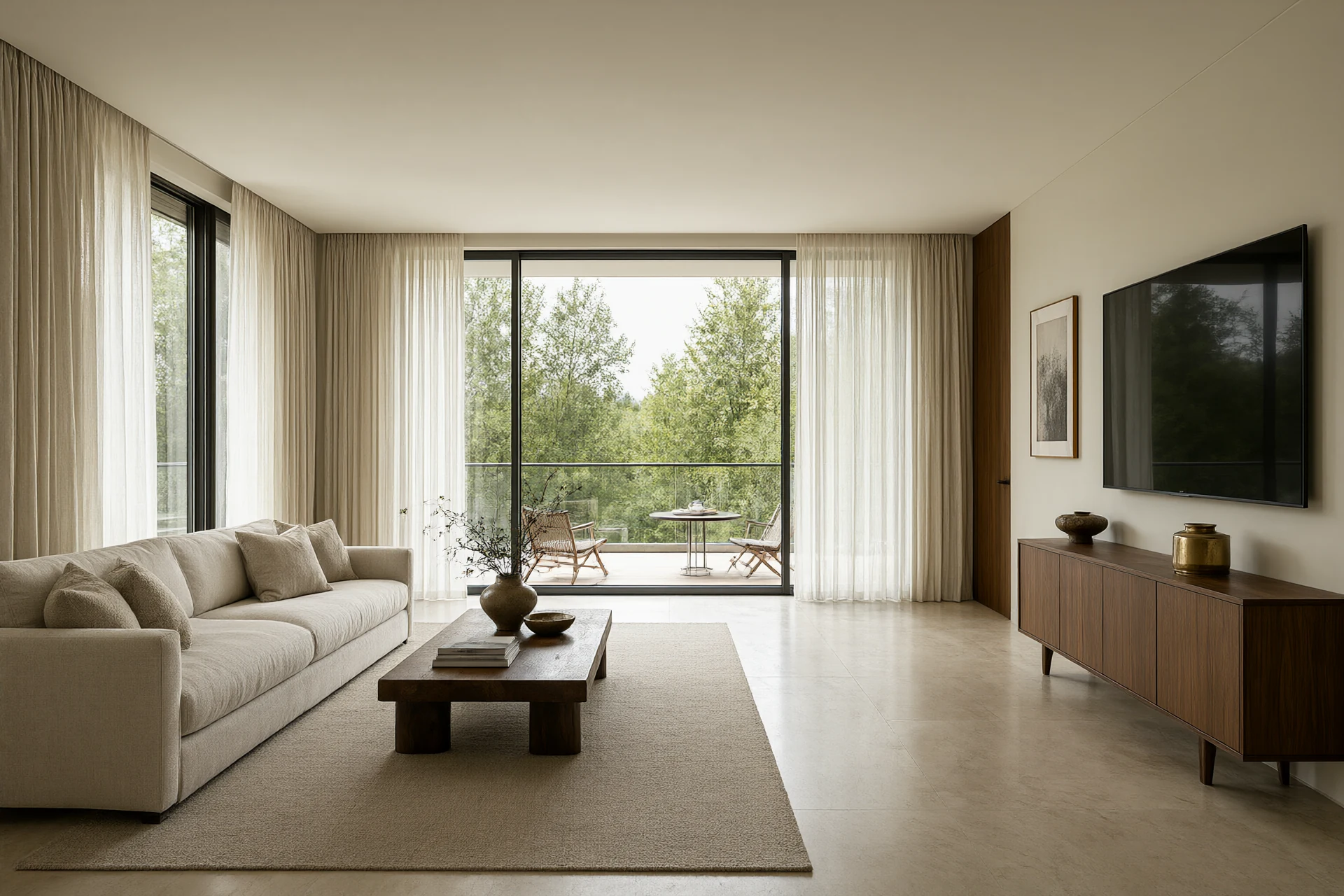 Completed living room interior design wide view with full height linen curtains, full height glass, honed stone floor, walnut joinery and brushed brass accents