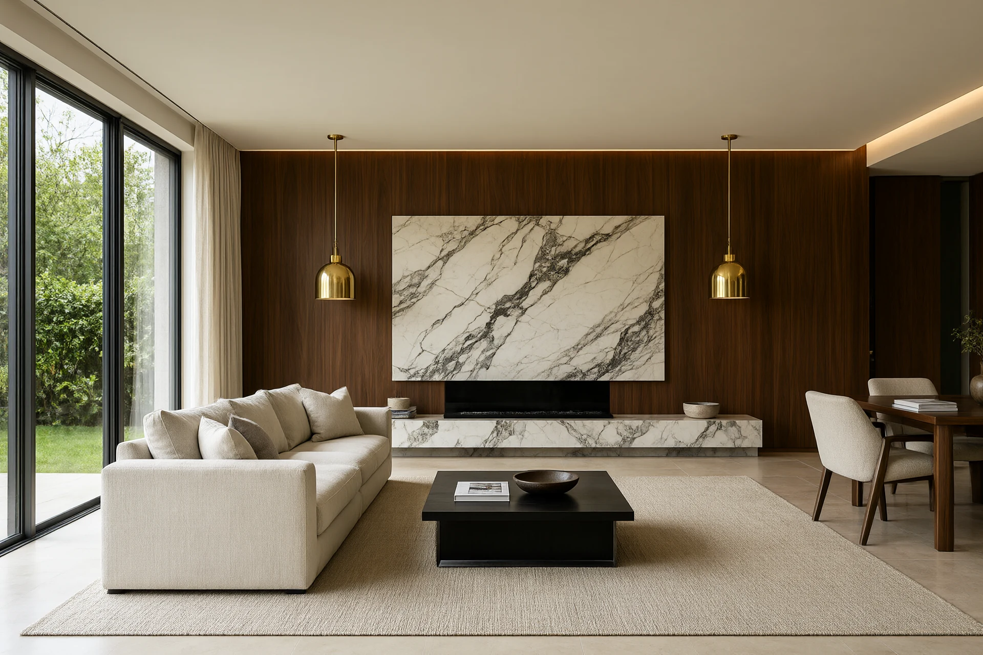 Living room interior design in an open plan space with bookmatched marble feature wall, walnut panelling, brushed brass pendants and honed stone floor