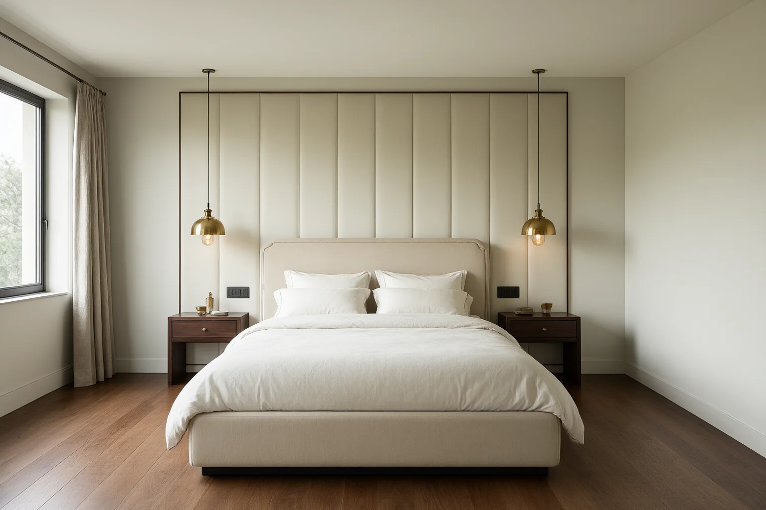 Luxury bedroom with an upholstered panelled headboard wall, brass pendant reading lights and walnut timber flooring