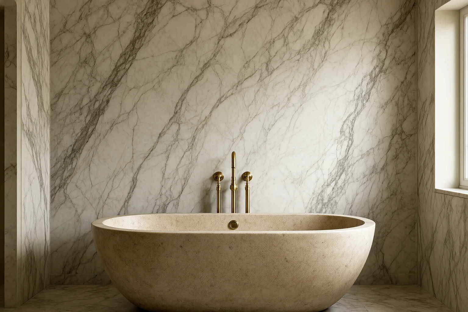 Luxury bathroom with a bookmatched marble wall, freestanding stone bathtub and brushed brass fittings