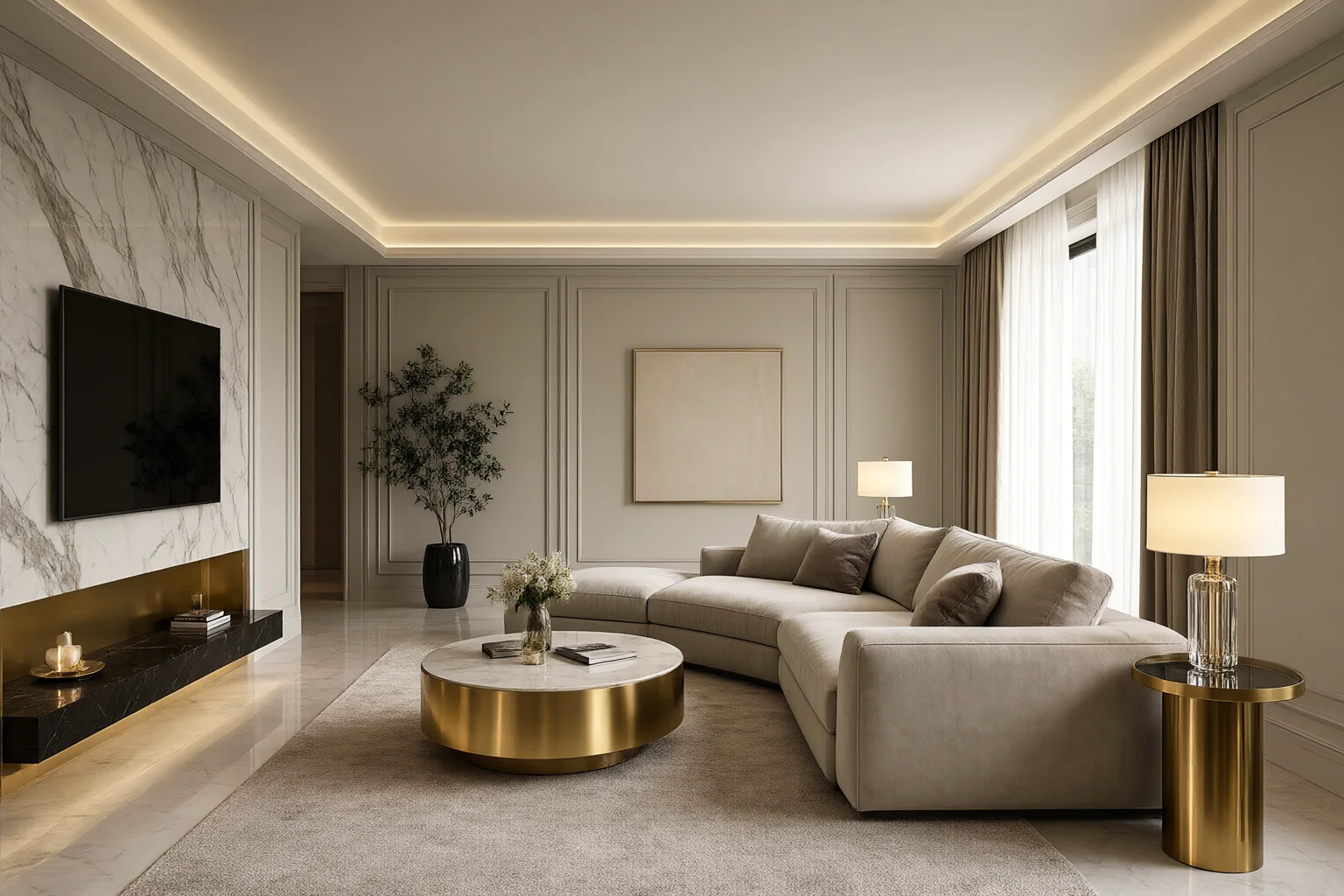 Luxury interior design living room with a bookmatched marble TV wall, brass coffee table, cream sofa and cove lighting
