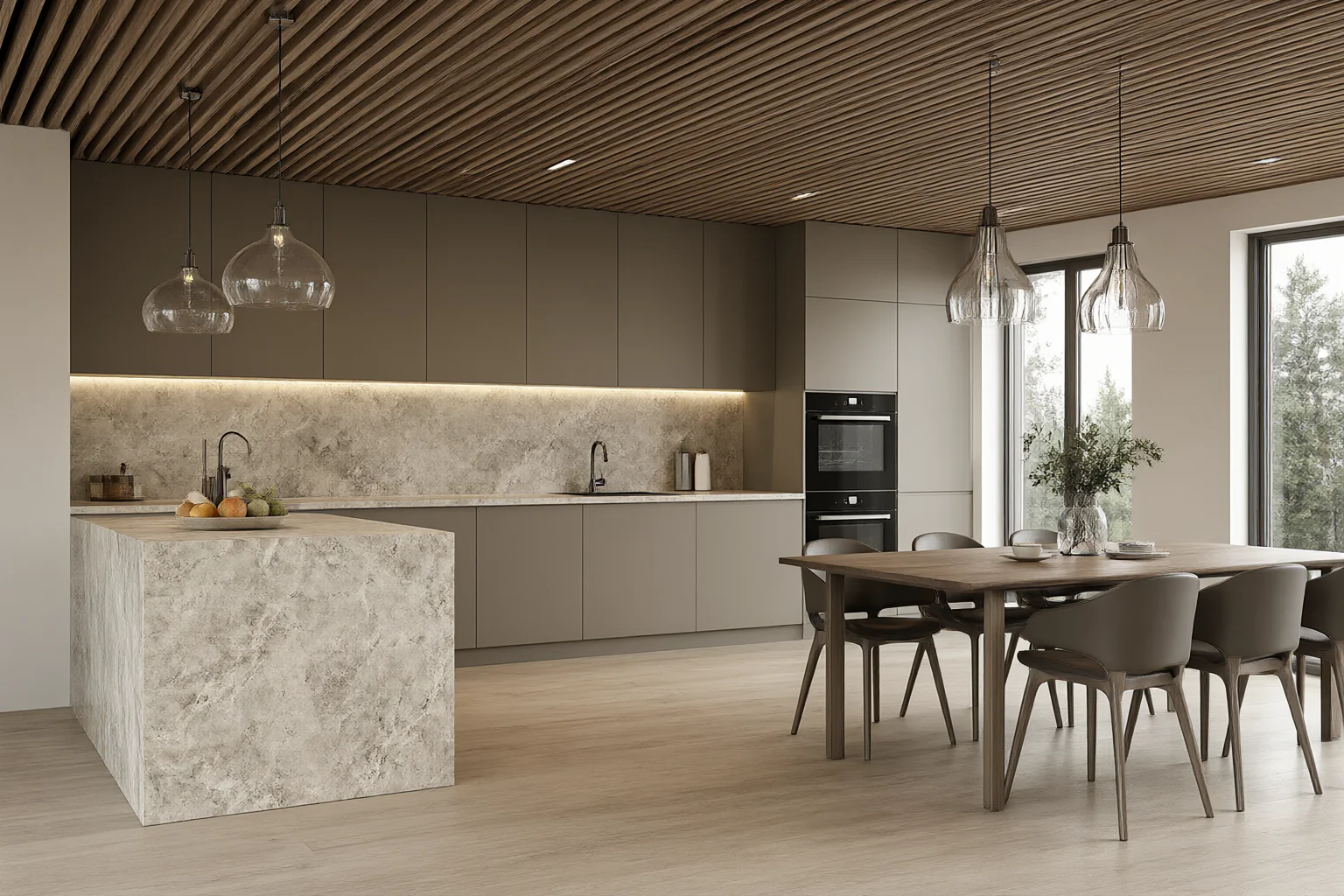 Modern interior design open-plan kitchen and dining with matte taupe cabinetry, quartz waterfall island and timber slat ceiling