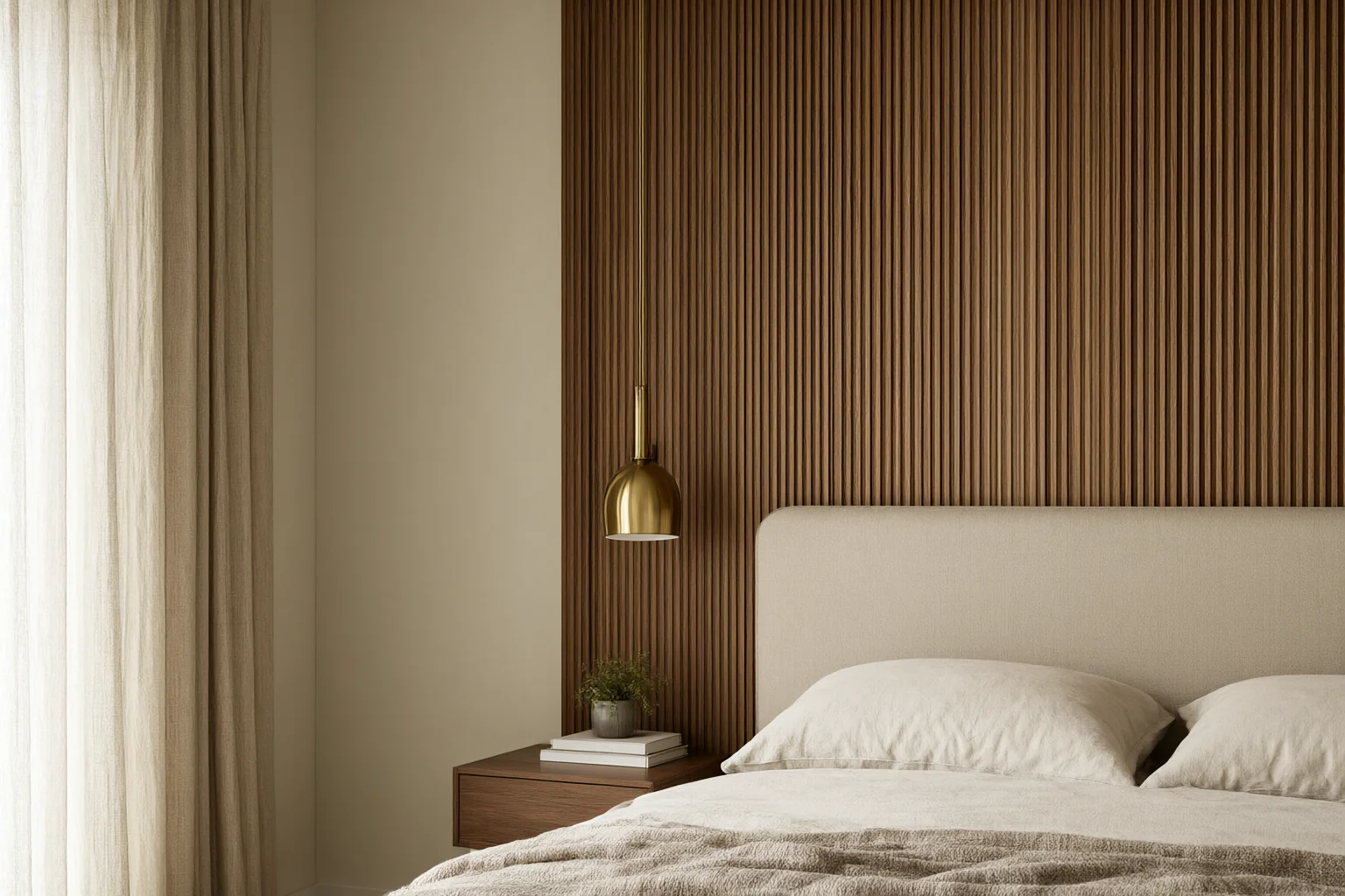 Residential bedroom in a modern interior design scheme with upholstered bed, fluted walnut panel wall, brass sconce and sheer linen curtains