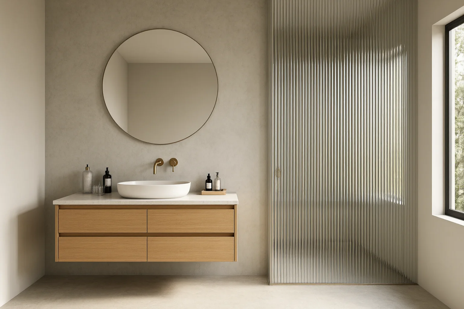Modern bathroom interior design with micro-cement walls, wall-hung timber vanity, brushed brass tapware and fluted glass shower screen