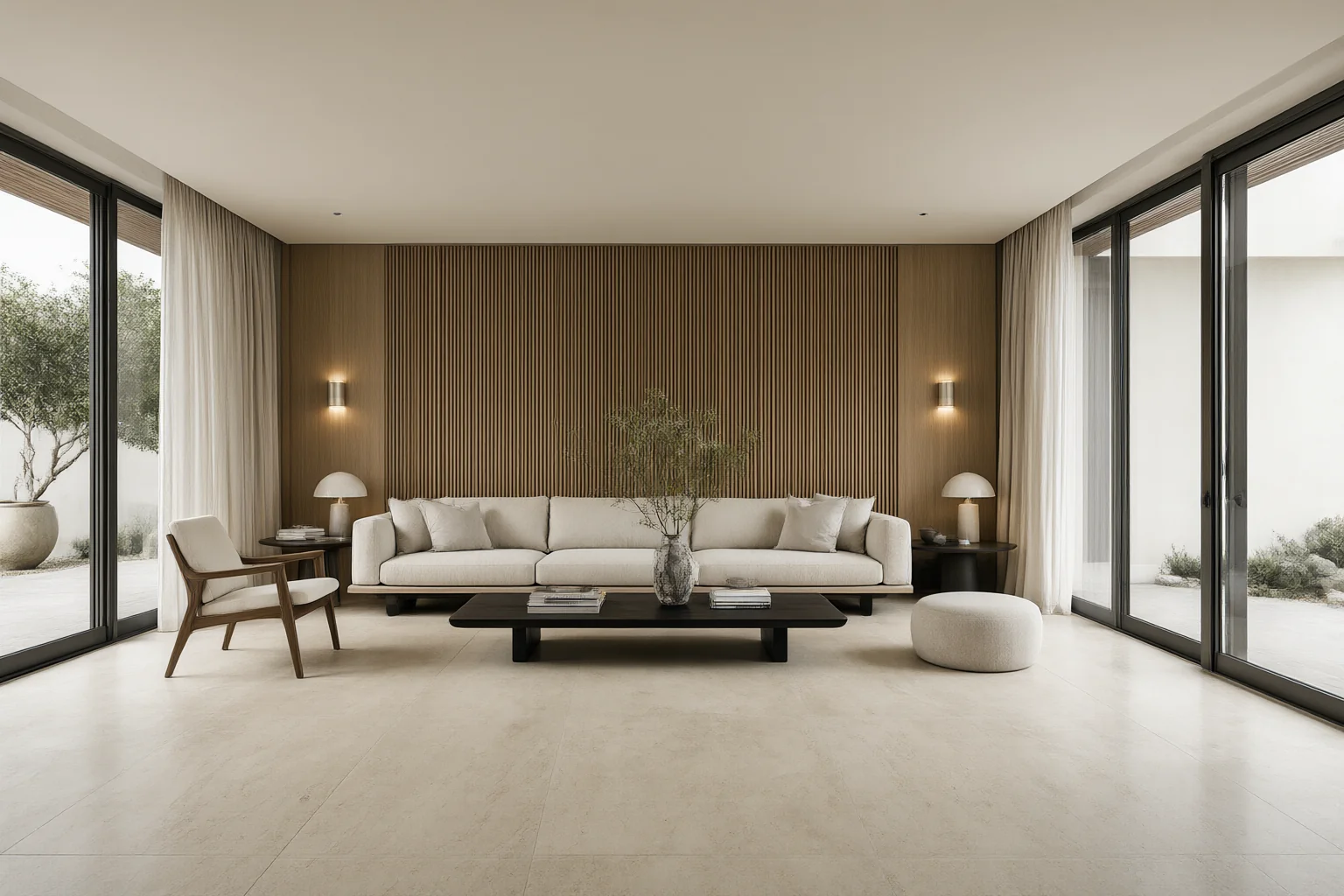 Modern interior design living room with large-format beige stone floor, low linen sofa, wood slat feature wall and full-height glazing
