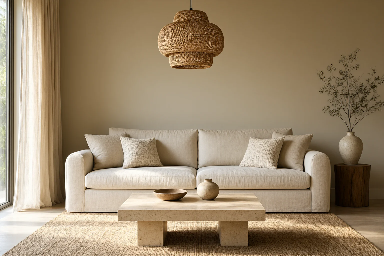 Residential interior design living room with linen sofa, woven rattan pendant, honed travertine coffee table and sheer curtains